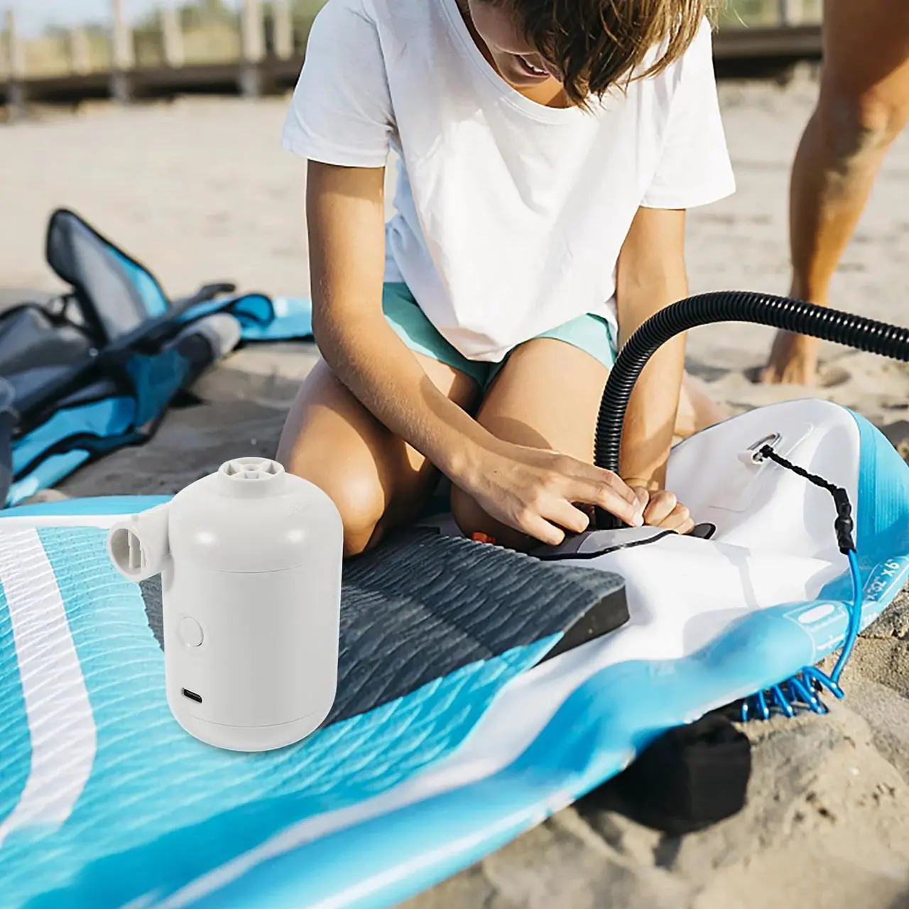 Alt view image 5 of 7 - 2500mAh Battery Rechargeable Electric Air Pump with 5 Nozzles Quickly Inflation/Deflation Portable Swimming Rings Air Mattress Pump for Outdoor