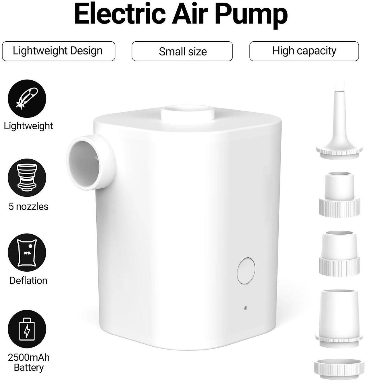 Alt view image 2 of 6 - 2500mAh Battery Rechargeable Electric Air Pump with 5 Nozzles Quickly Inflation/Deflation Portable Swimming Rings Air Mattress Pump for Outdoor