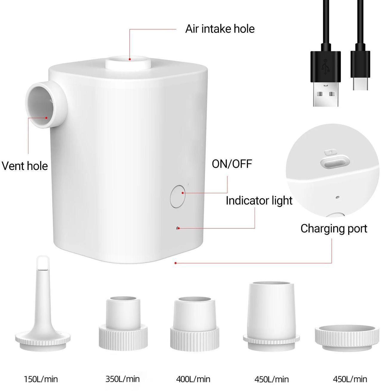 Alt view image 4 of 6 - 2500mAh Battery Rechargeable Electric Air Pump with 5 Nozzles Quickly Inflation/Deflation Portable Swimming Rings Air Mattress Pump for Outdoor