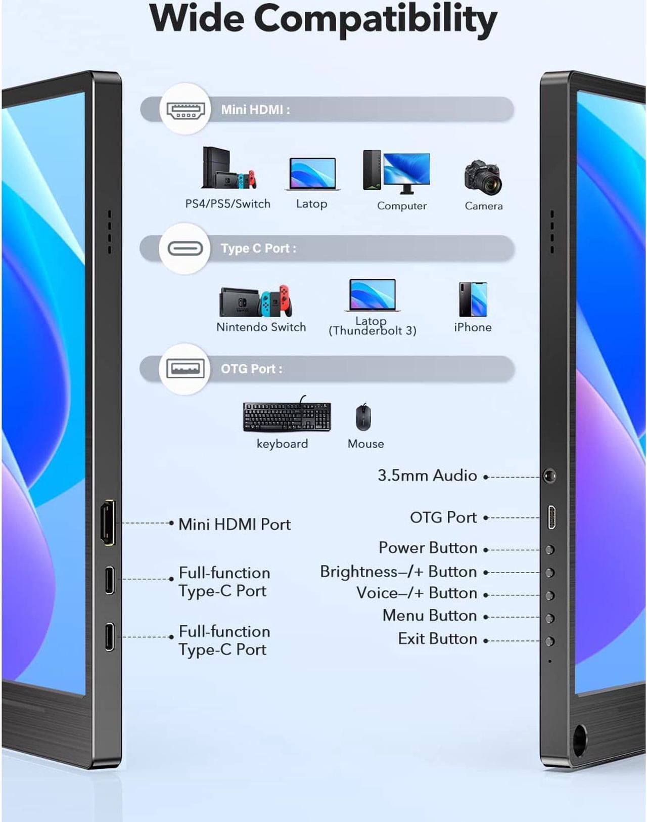 Alt view image 3 of 7 - UPERFECT Portable Monitor, 15.6" 1080P FHD 350 Nits Brightness Computer Display HDMI USB Type-C with Speakers for Laptop PC Cellphone Xbox