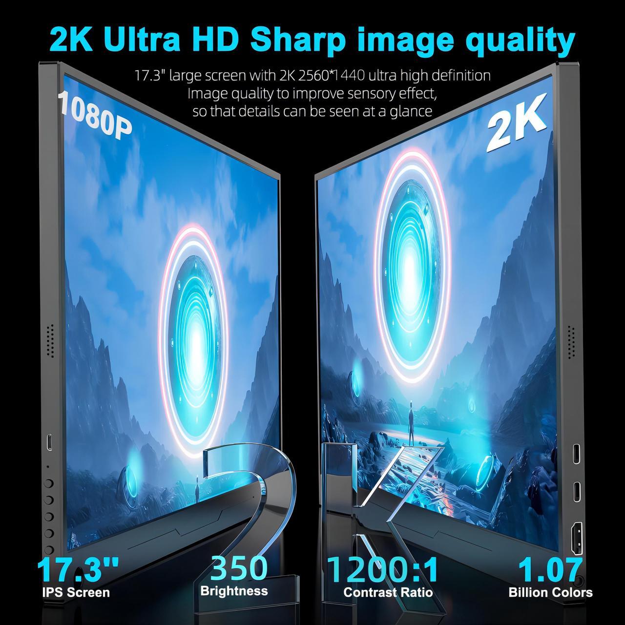 Alt view image 3 of 7 - UPERFECT 2K 144Hz Portable Monitor 17.3" 1440P QHD Gaming Computer Monitor FreeSync