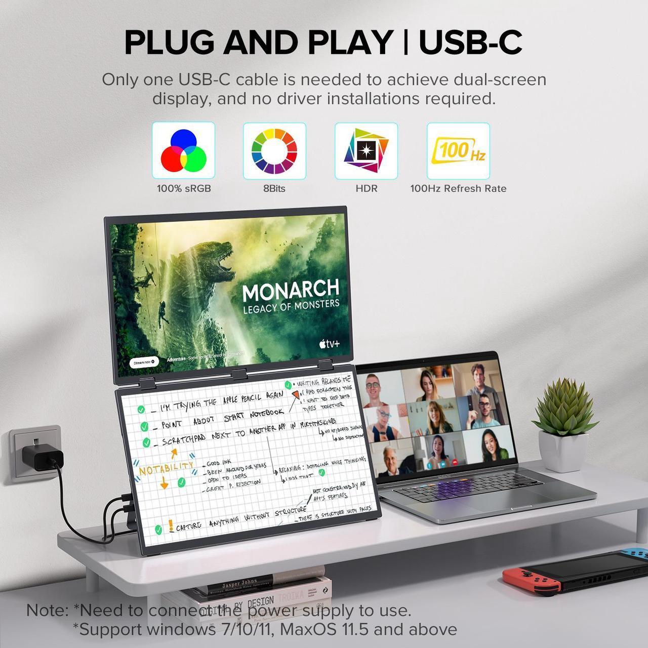 Alt view image 3 of 7 - UPERFECT 18.5" 100Hz Dual Touchscreen Monitor with HDR, 360° Folding, VESA & Stand for Laptop, PC, Phone, Game Console (Plug & Play, No Driver Needed)