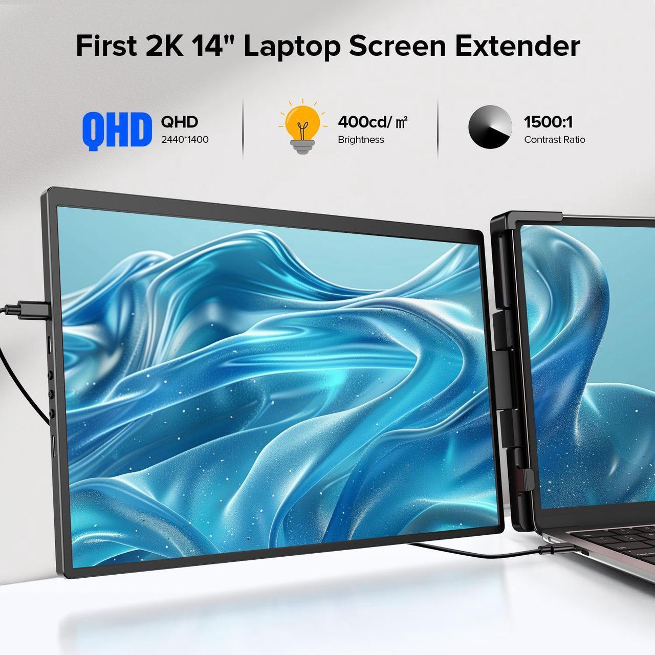 Alt view image 2 of 7 - UPERFECT 2K 14" 360° Swivel Hinge Laptop Screen Extender, 2240x1400 QHD IPS Portable Monitor for 14"-17" Laptops - Plug & Play with Mac, Win, Dex (Only one Screen)