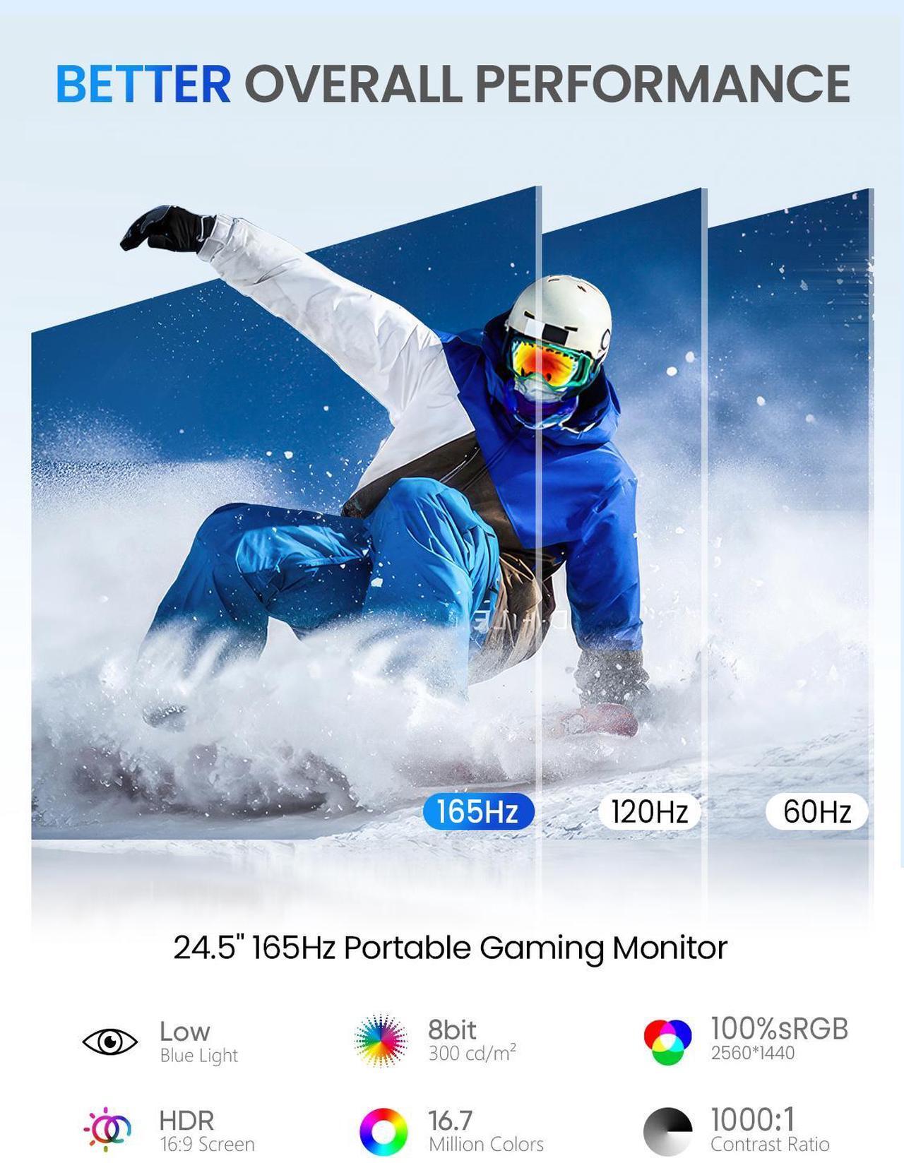 Alt view image 3 of 7 - UPERFECT 24.5" 2K 165Hz Portable Monitor, QHD FreeSync IPS HDR with VESA, 180°Adjustable Stand, USB-C & HDMI, Ideal for Gaming, Travel, Laptop, Switch, Phone