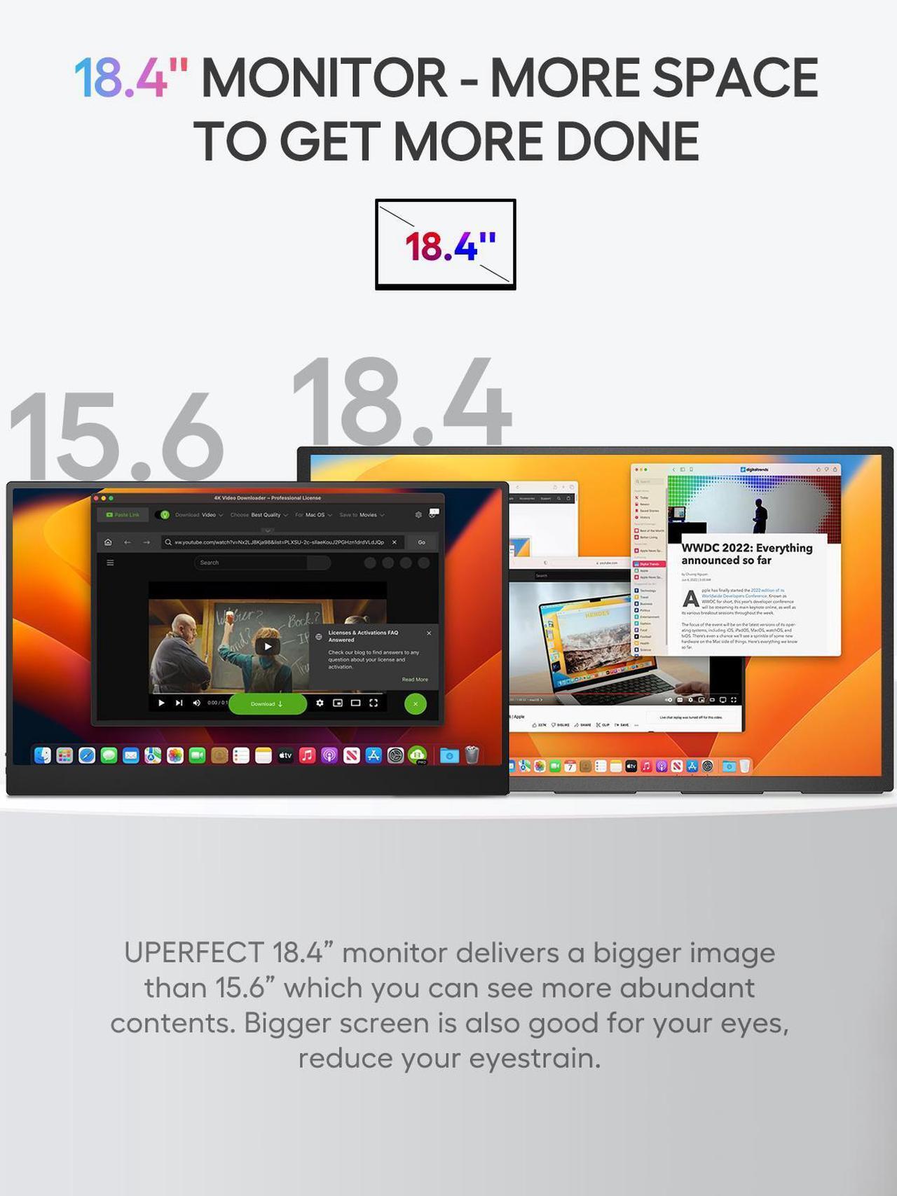 Alt view image 4 of 7 - UPERFECT Portable Monitor 18.4" 4K 60Hz 10-Bit HDR IPS Gaming Monitor with VESA, 180° Adjustable Stand, Ultra-Slim & Lightweight Frameless Design, FreeSync, Portable Travel Second Monitor for Laptops