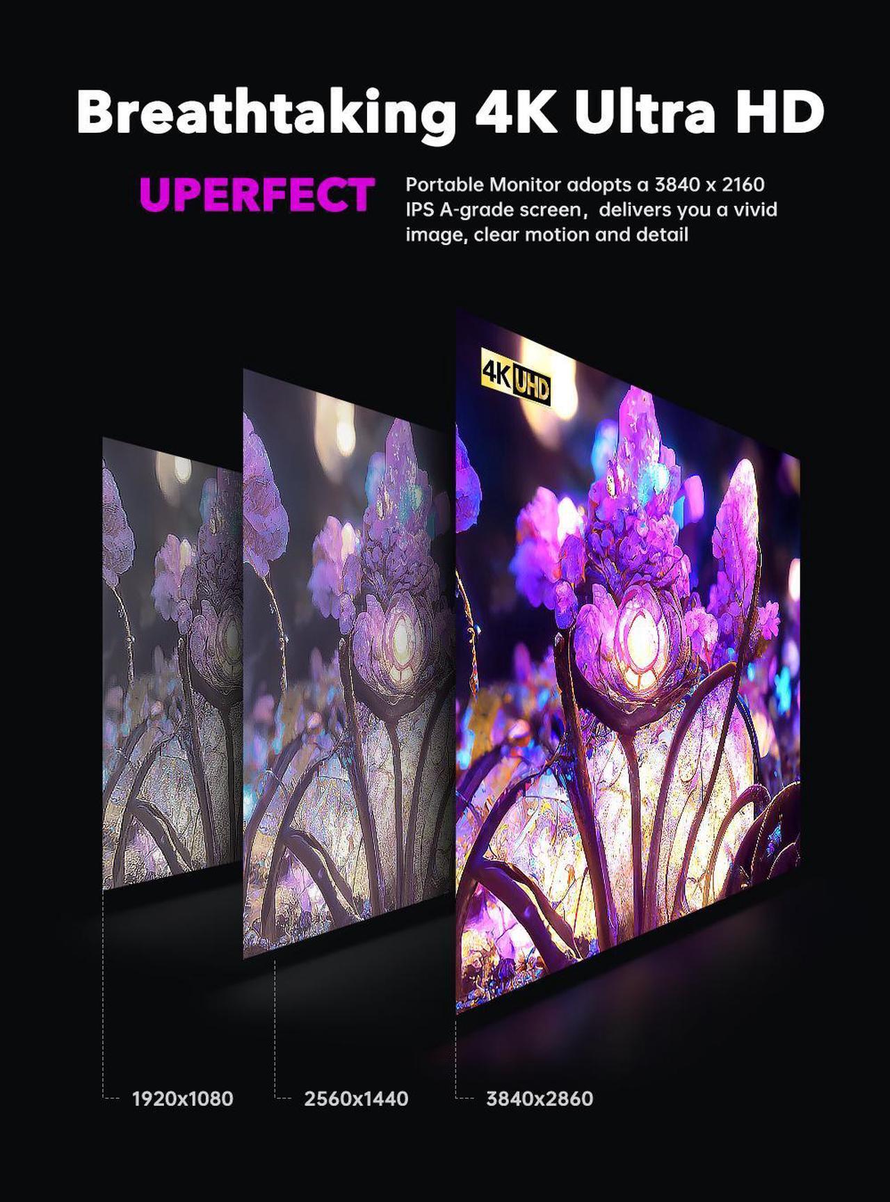 Alt view image 7 of 7 - UPERFECT Portable Monitor 4K, 17.3'' UHD FreeSync 100% Adobe RGB 500 Nits Brightness HDR IPS 2 Speakers Eye Care Game Display Type-C HDMI for Xbox PS4 Switch Laptop PC Phone Mac, VESA & Smart Case