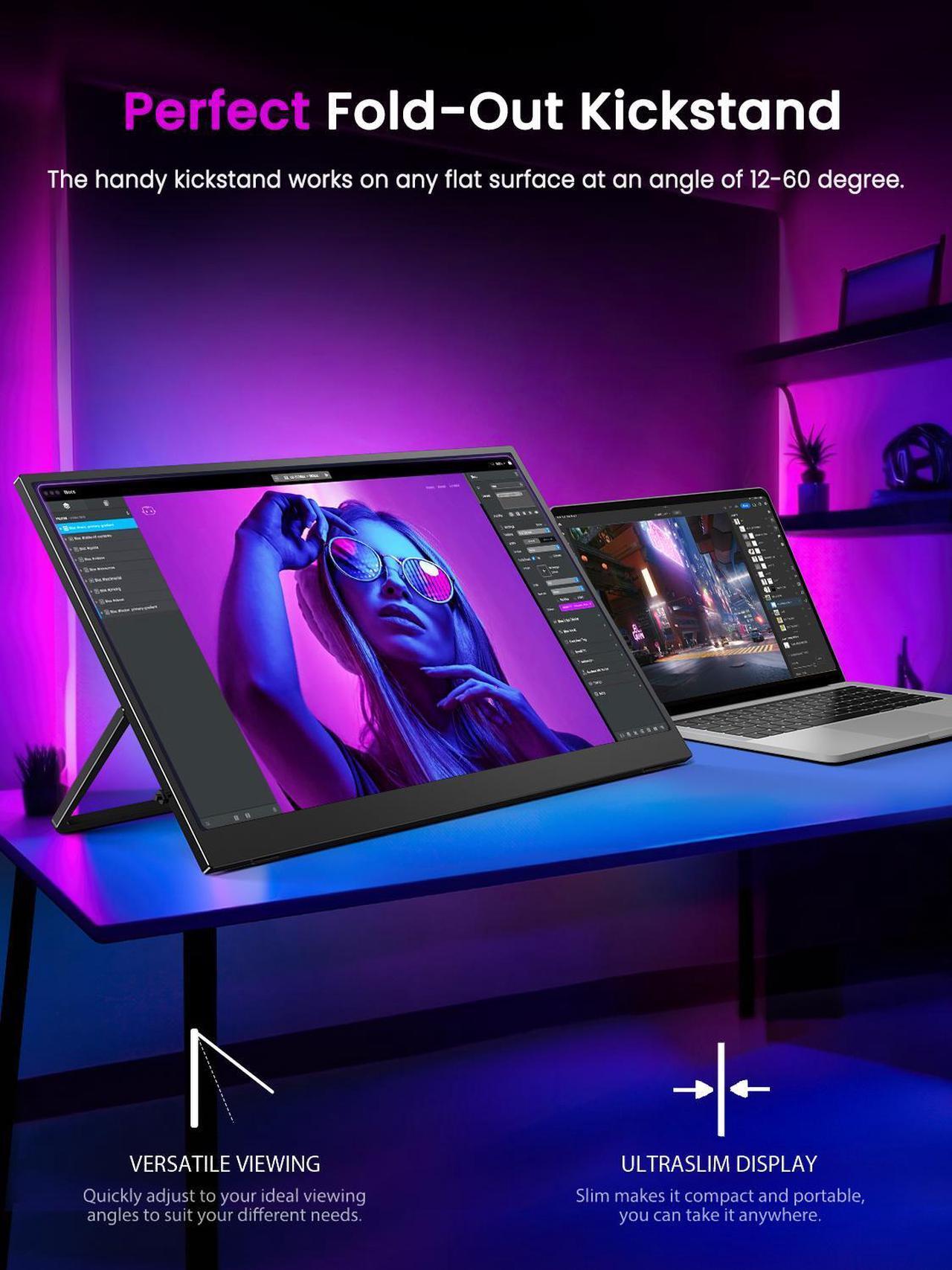 Alt view image 2 of 7 - UPERFECT Portable Monitor 4K, 17.3'' UHD FreeSync 100% Adobe RGB 500 Nits Brightness HDR IPS 2 Speakers Eye Care Game Display Type-C HDMI for Xbox PS4 Switch Laptop PC Phone Mac, VESA & Smart Case