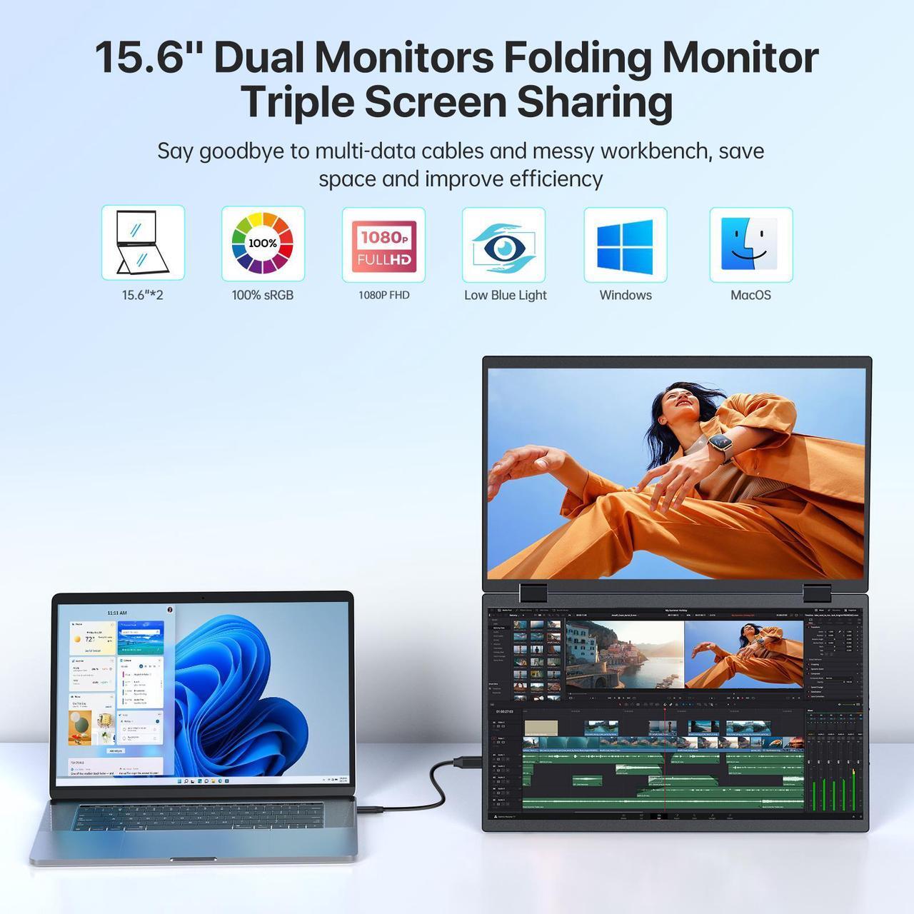 Alt view image 2 of 7 - UPERFECT 15.6" 1080P Dual Portable Monitor, Fold Gaming Monitor Portable Display For Laptop Screen Extender Bult-in Stand (No Driver Needed)