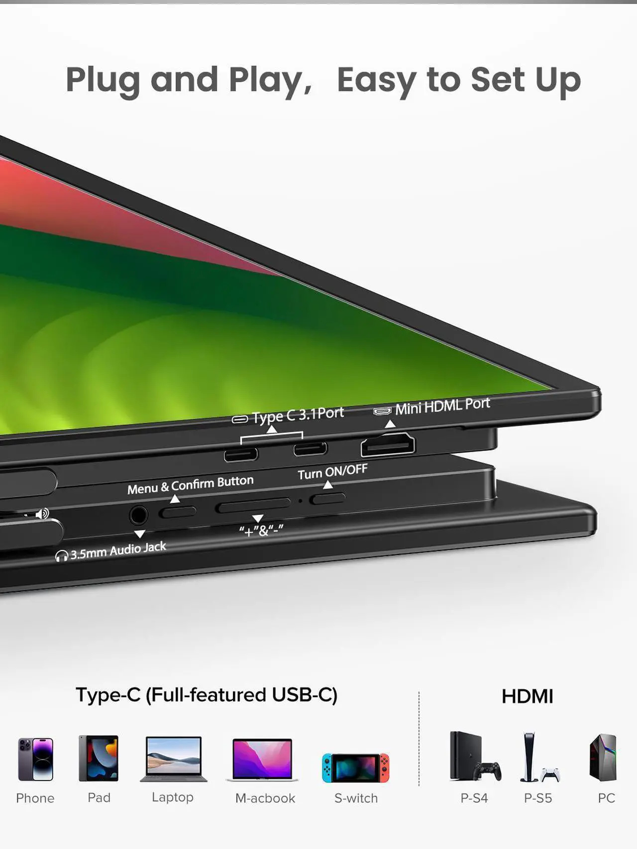 Alt view image 7 of 7 - UPERFECT 23.8" 100Hz FreeSync IPS HDR Gaming Portable Monitor with USB-C, HDMI, VESA Mount & 180° Adjustable Stand Perfect for Laptops, Switch, Phones