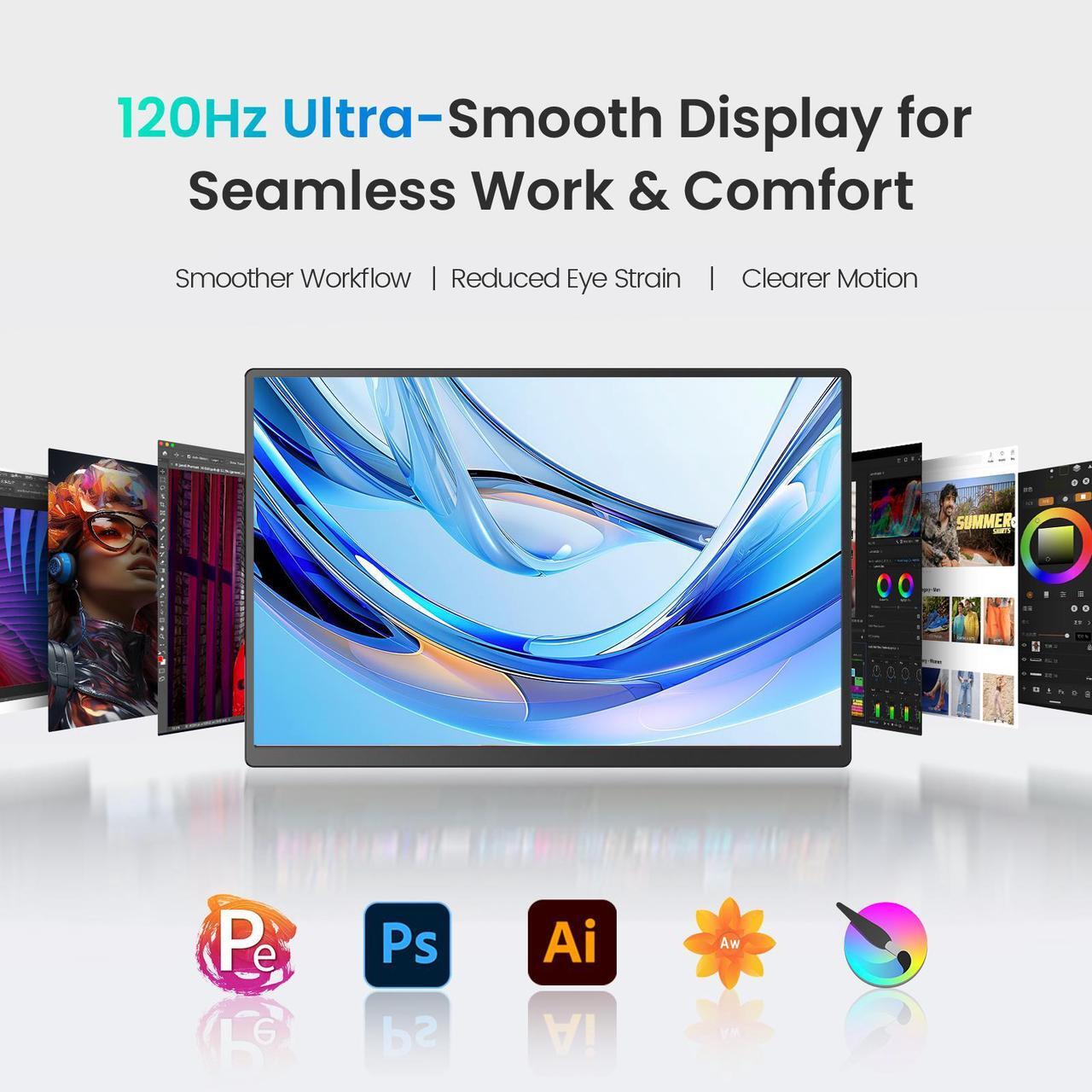 Alt view image 2 of 7 - UPERFECT 24" 120HZ Portable Monitor w/ 180°Adjustable Kickstand & VESA, Large Portable Gaming Monitor with HDMI Type C, External Portable Monitor for Laptops, Steamdeck, MacBook, Phones, Mini PC