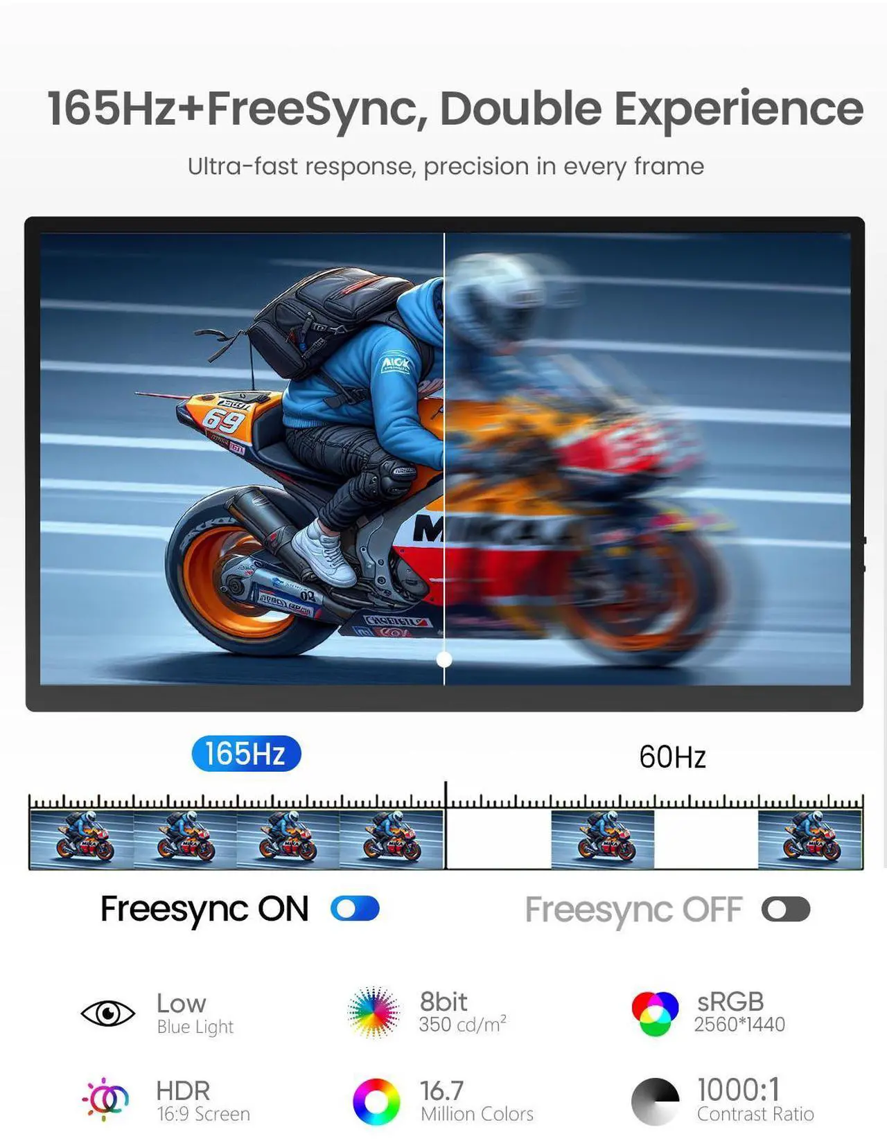 Alt view image 3 of 7 - UPERFECT 24.5" 2K 165Hz Portable Monitor, QHD FreeSync IPS HDR with VESA, 180°Adjustable Stand, USB-C & HDMI, Ideal for Gaming, Travel, Laptop, Switch, Phone