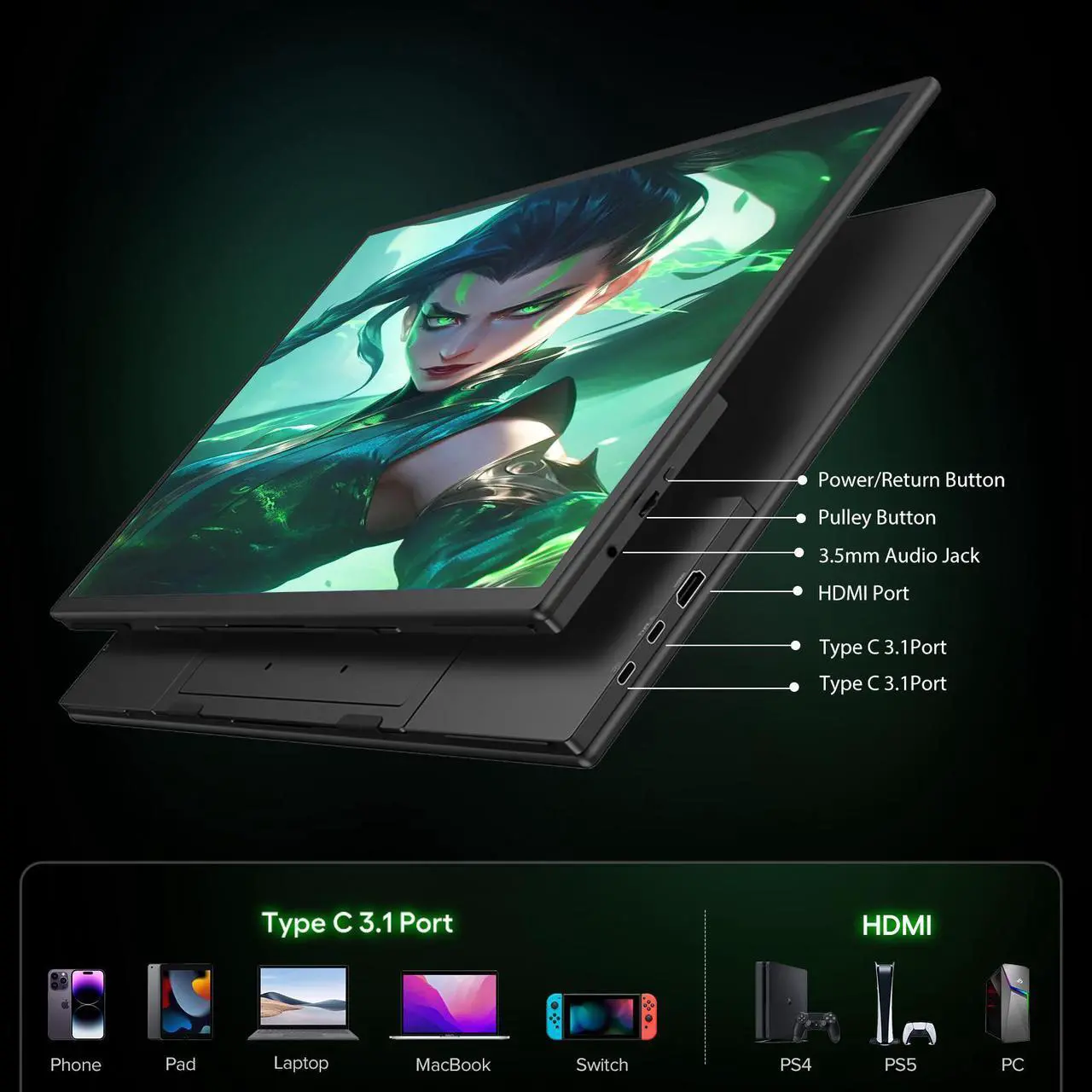 Alt view image 6 of 7 - UPERFECT 21.5" 120Hz Portable Monitor with Kickstand & VESA Large Portable Gaming Monitor with HDMI Type C, External Portable Monitor for Laptops, Steamdeck, MacBook, Phones, Mini PC