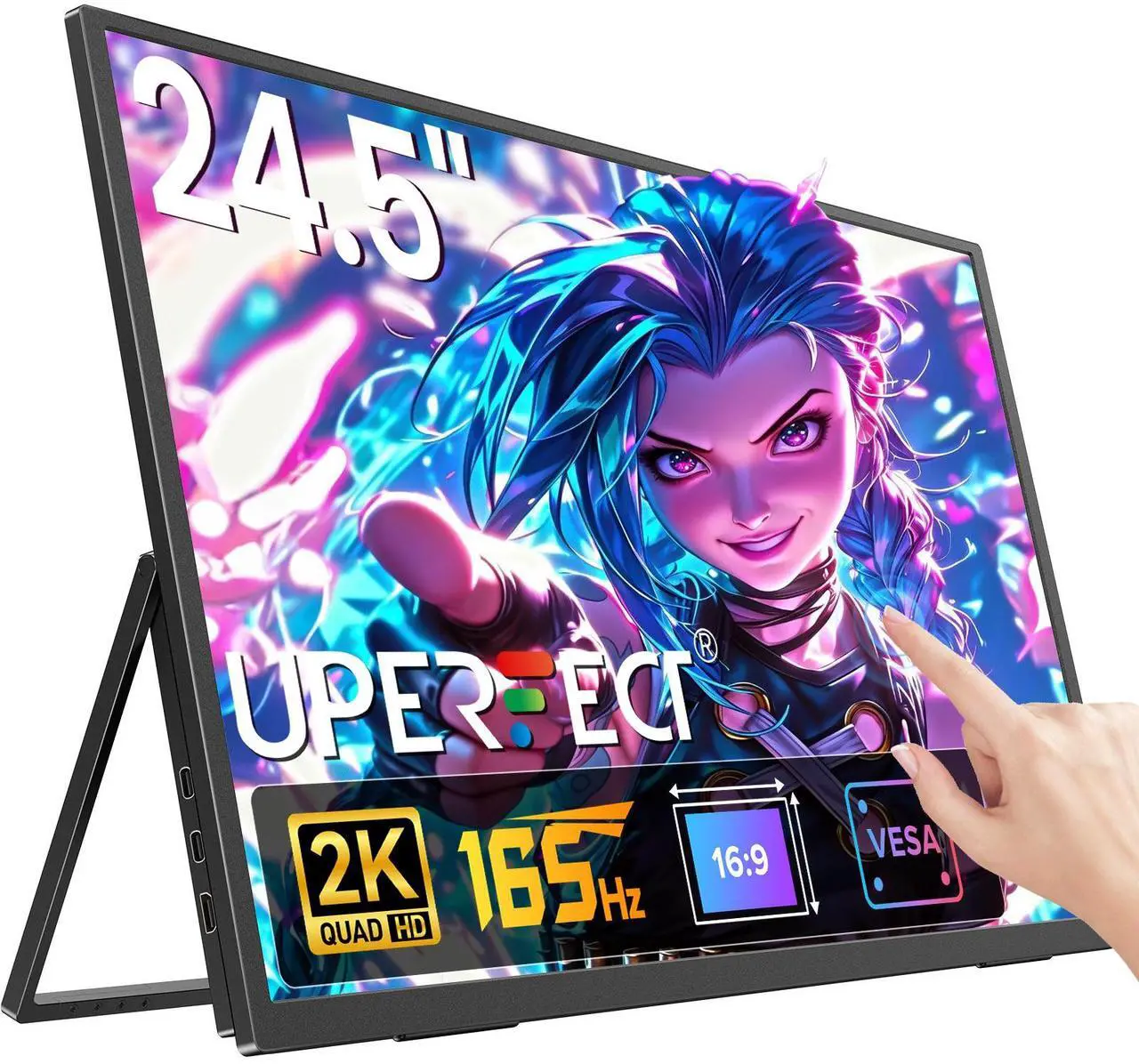 UPERFECT 24.5" 2K 165Hz Touchscreen Portable Monitor, QHD FreeSync IPS HDR, 180° Adjustable Stand, USB - C & HDMI, for Gaming/Travel/Laptop/Switch/Phone