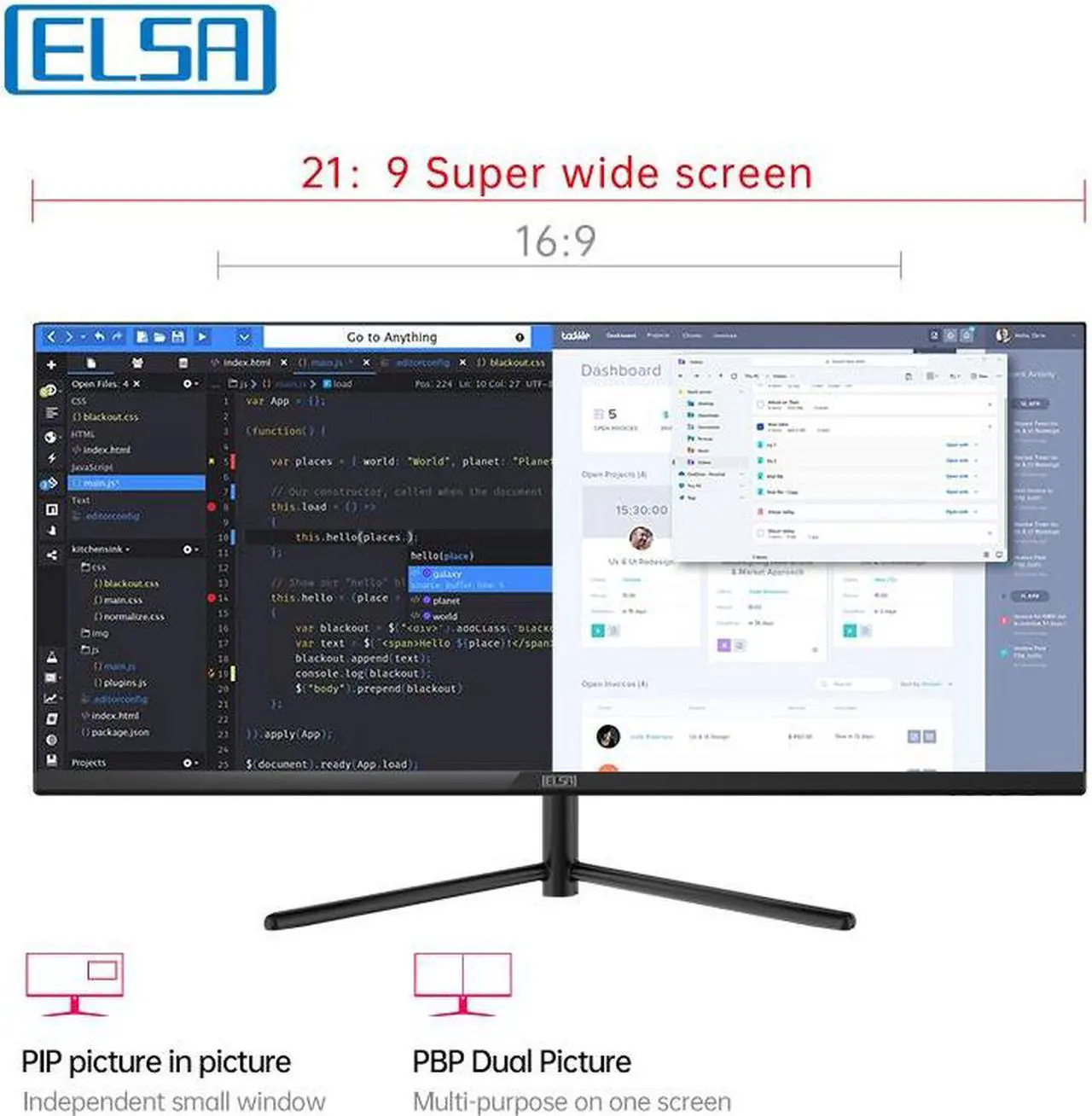 Alt view image 5 of 7 - ELSA 34'' Ultrawide 21:9 WQHD 3440x1440 120hz 5ms Response VA Gaming Monitor FreeSync 118% sRGB DisplayPort,HDMI,34G1