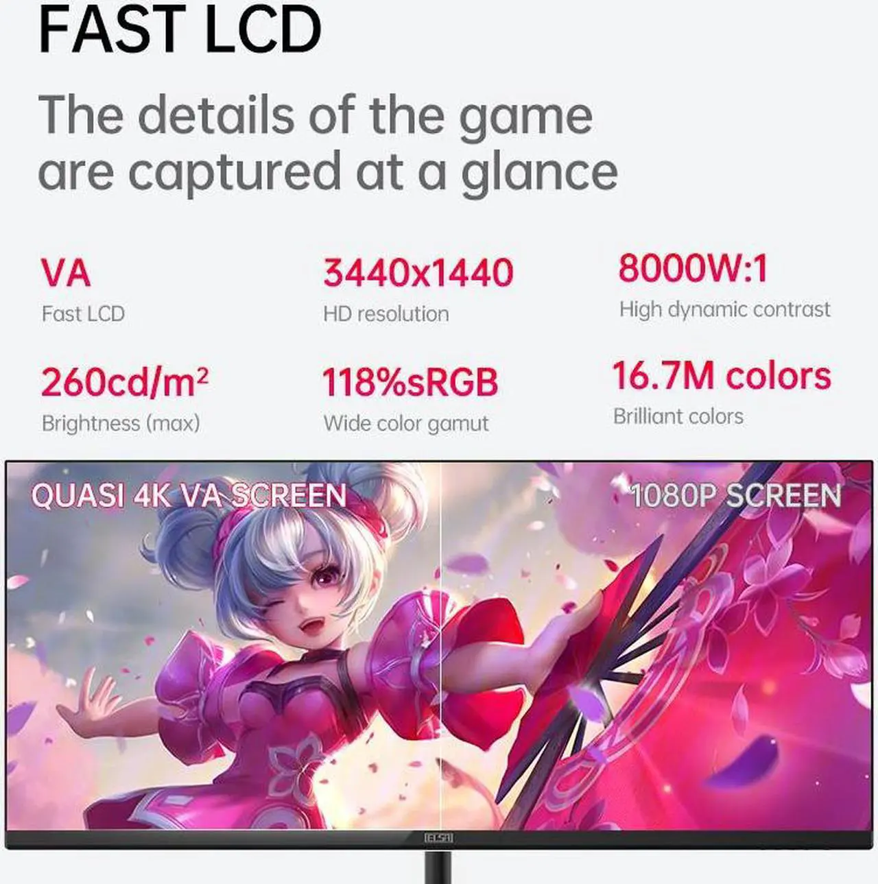 Alt view image 6 of 7 - ELSA 34'' Ultrawide 21:9 WQHD 3440x1440 120hz 5ms Response VA Gaming Monitor FreeSync 118% sRGB DisplayPort,HDMI,34G1