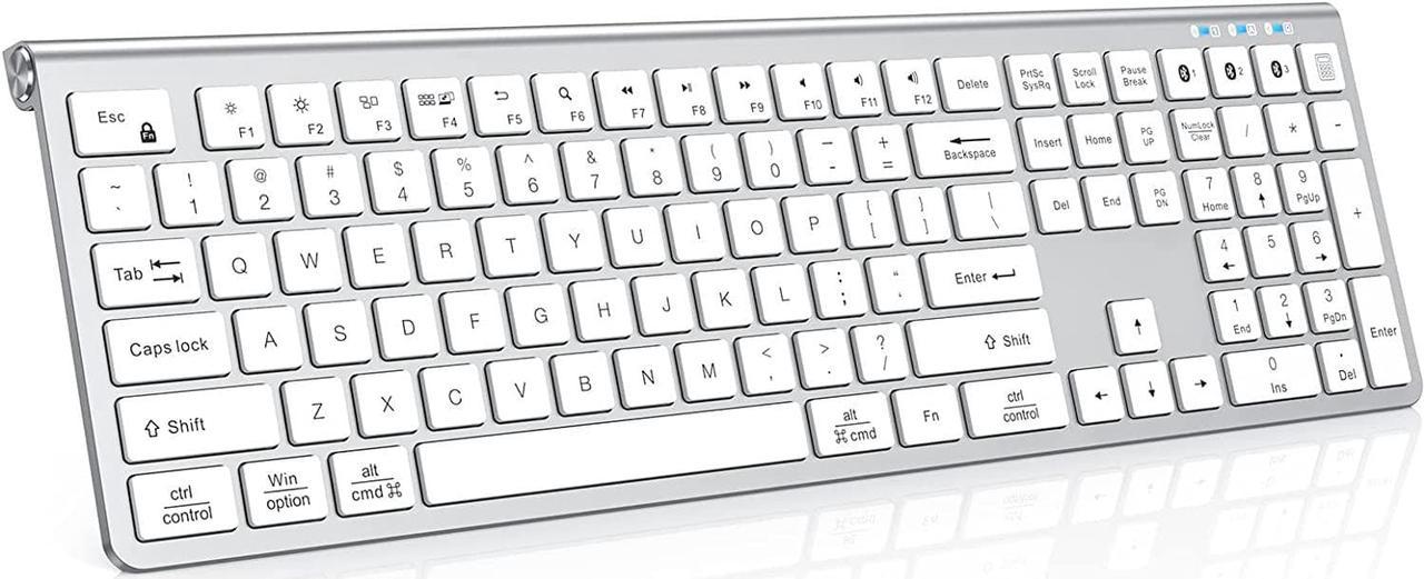 Multi Device Bluetooth Keyboard, Rechargeable Wireless Keyboard, Lekvey 3-in-1 Slim Keyboard with Number Pad, Full Size Bluetooth Keyboard for Mac, MacBook Air/Pro, iPad, Windows Tablet Laptop, Silver