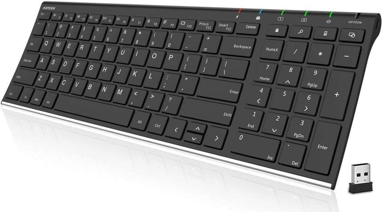 Arteck HW193 2.4G Wireless Keyboard Stainless Steel Ultra Slim Full Size Keyboard with Numeric Keypad for Computer/Desktop/PC/Laptop/Surface/Smart TV and Windows 11/10/8 Built in Rechargeable Battery