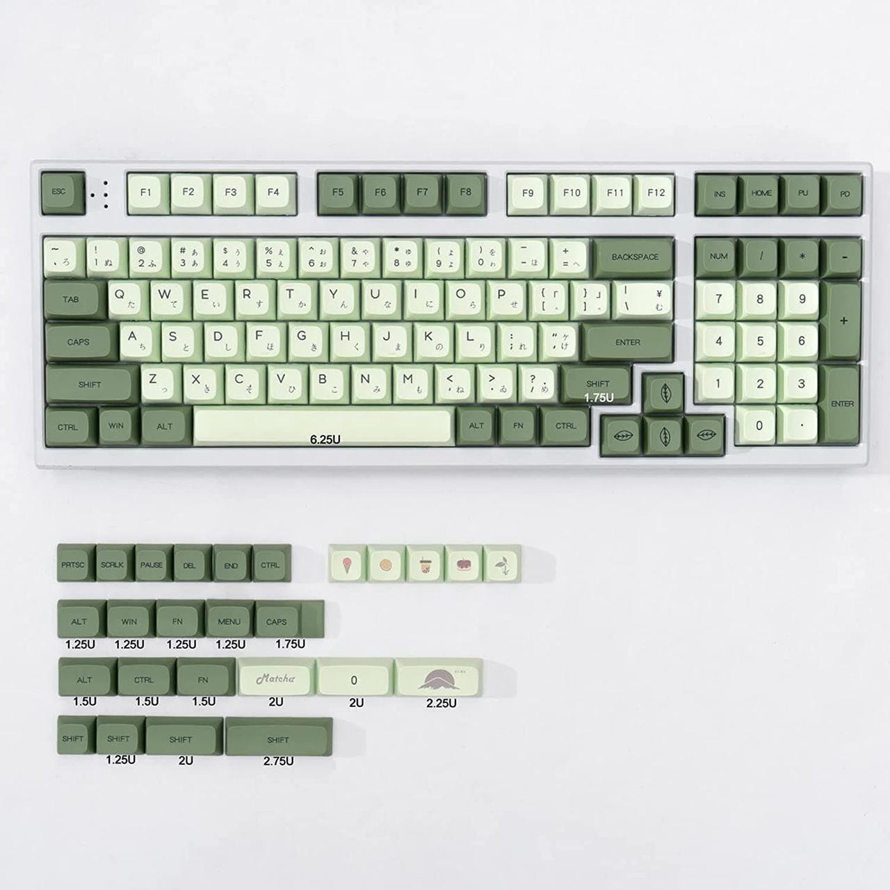 PBT Keycaps Japanese 126 Keys Matcha Green Keycaps Dye-Sublimation Cute Keycaps XDA Profile Custom Keyboard Keycaps for 60% 65% 75% 100% Cherry Gateron MX Switches Mechanical Keyboards