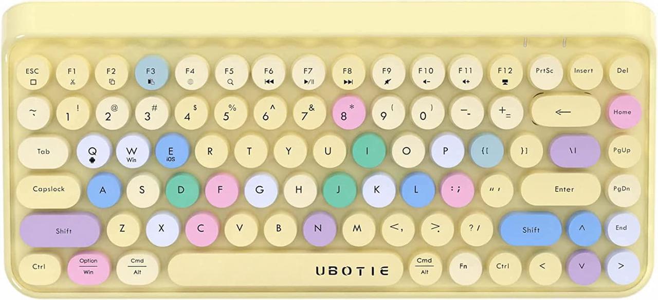 UBOTIE Portable Bluetooth Colorful Computer Keyboards, Wireless Mini Compact Retro Typewriter Flexible 84Keys Design Keyboard (Yellow-Colorful)