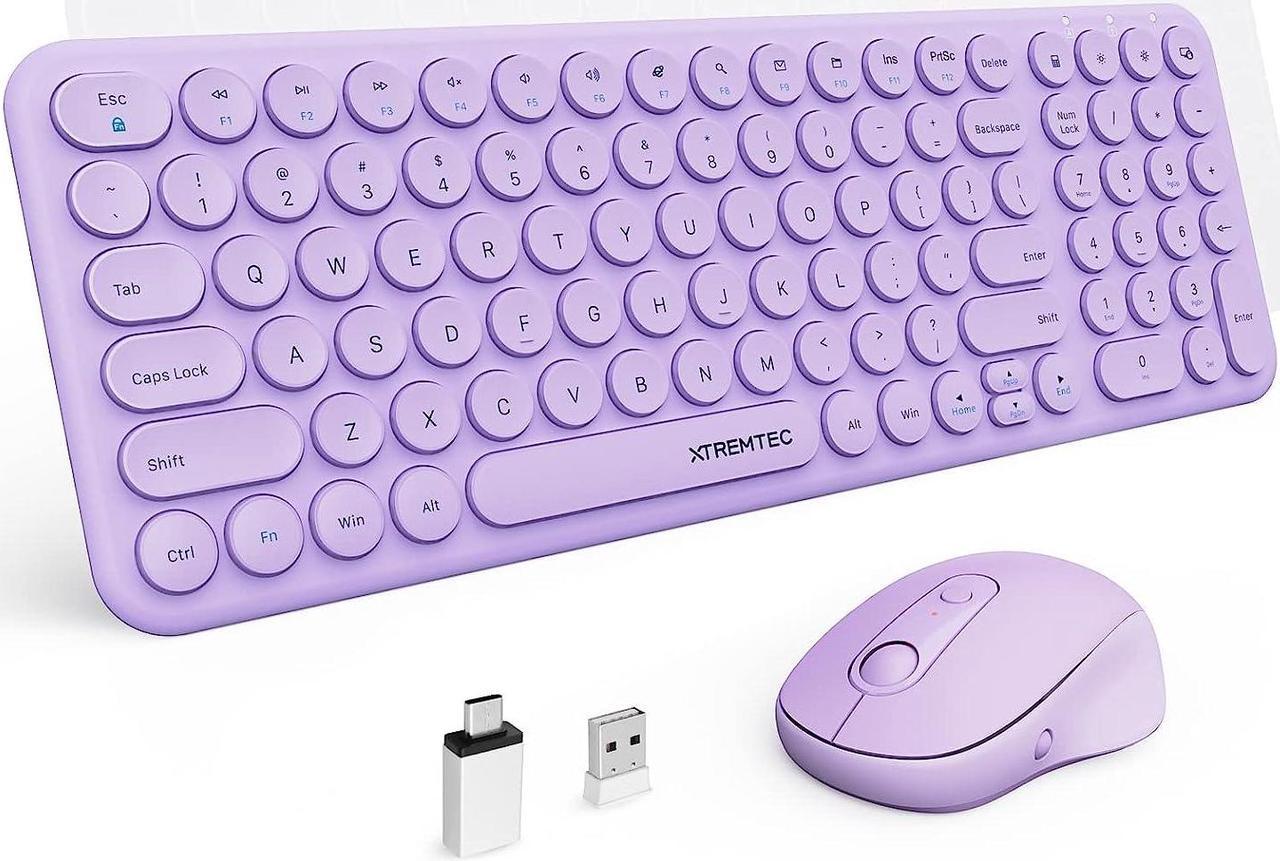 Wireless Keyboard and Mouse, XTREMTEC Compact Full Size Cute Keyboard Retro Round Keycap - 2.4GHz Ultra-Slim Quiet Aesthetic Keyboard for Laptop iMac Windows Computer (Purple-Lavender)