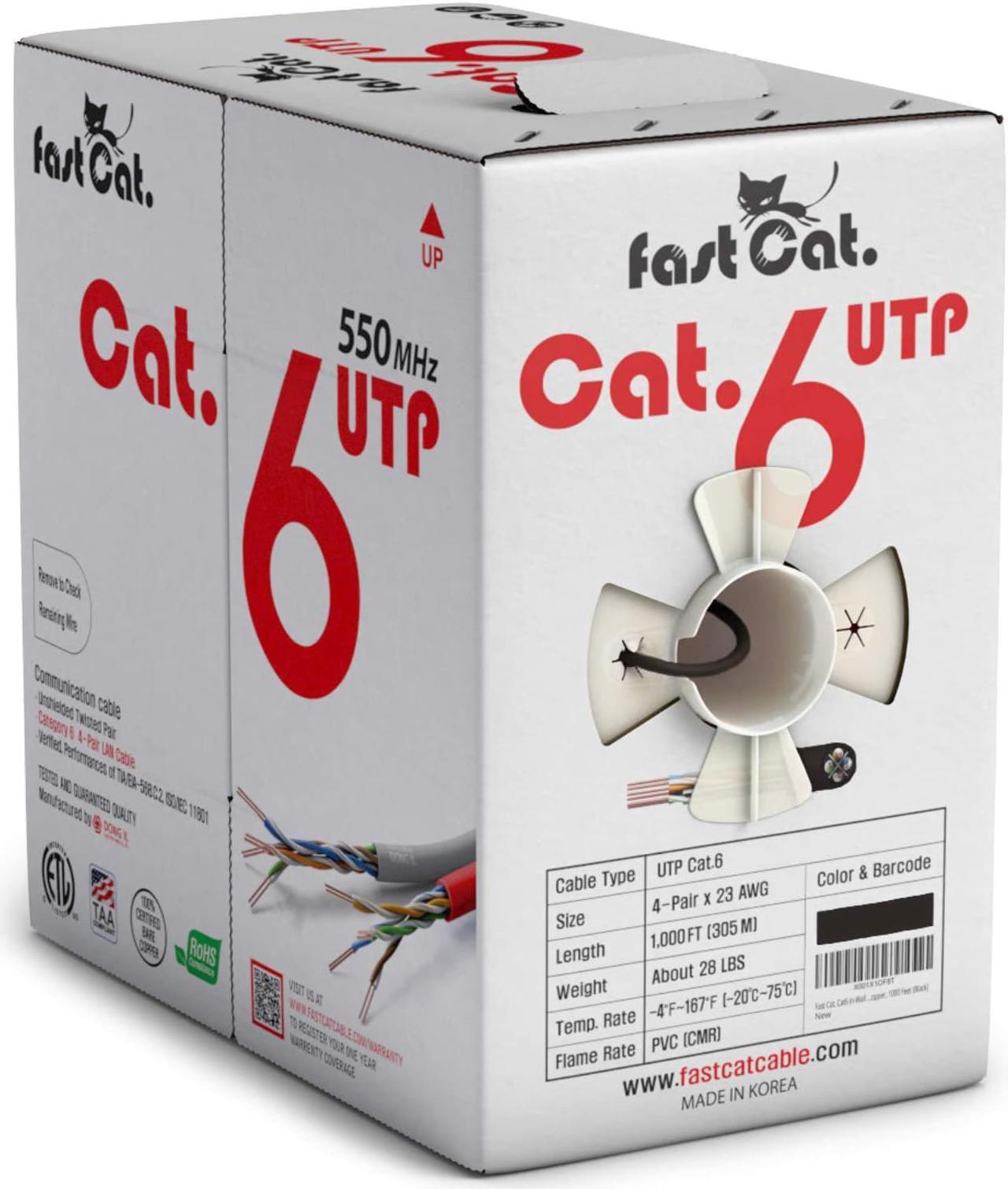 fast Cat. Cat6 Ethernet Cable 1000ft - Insulated Bare Copper Wire Internet Cable with Noise Reducing Cross Separator - 550MHZ / 10 Gigabit Speed UTP LAN Cable 1000 ft - CMR (Black)