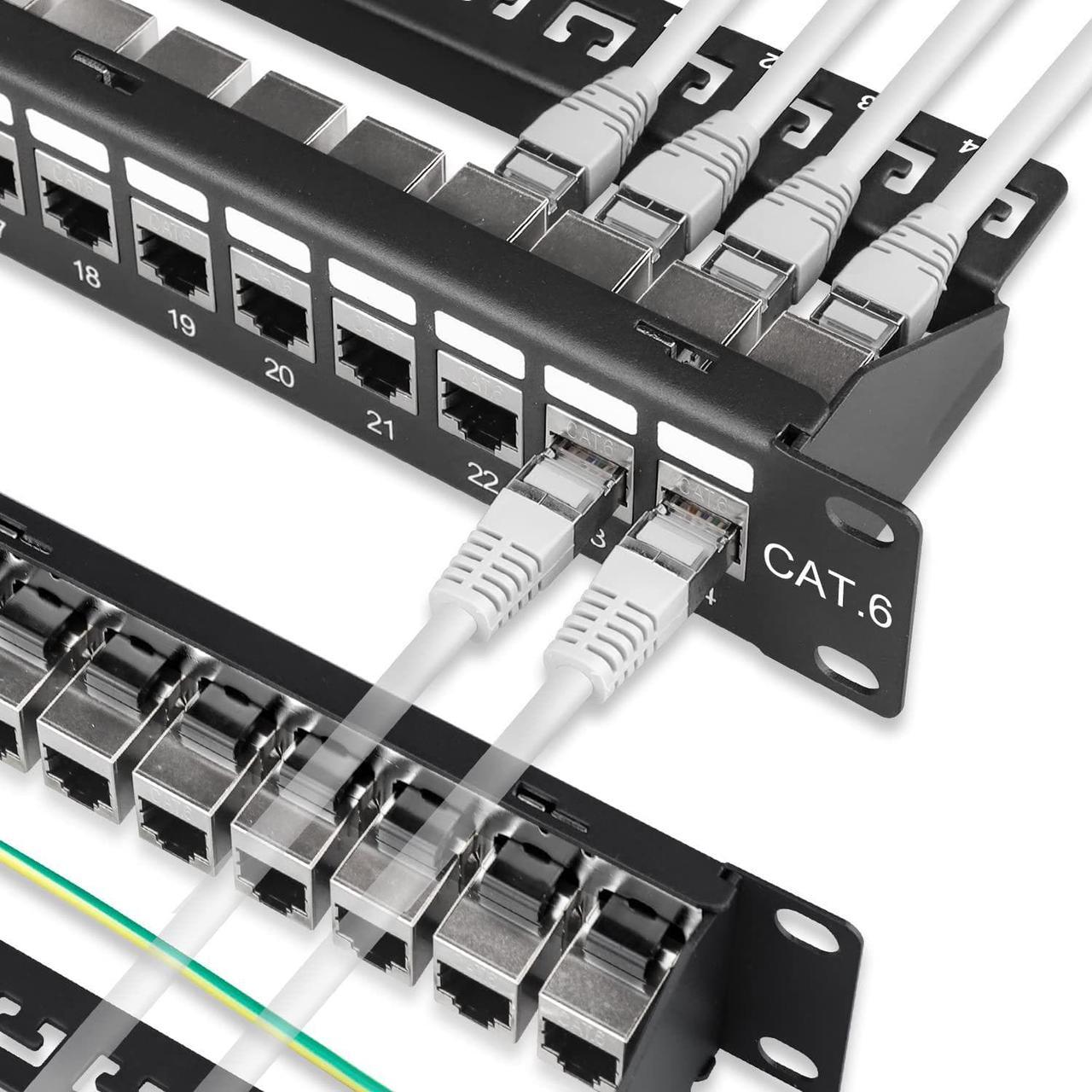 iwillink 24 Port RJ45 Through Coupler 1U Cat6 Patch Panel STP Shielded 19-Inch with Back Bar, Wallmount or Rackmount, Compatible with Cat5, Cat5e, Cat6 Cabling