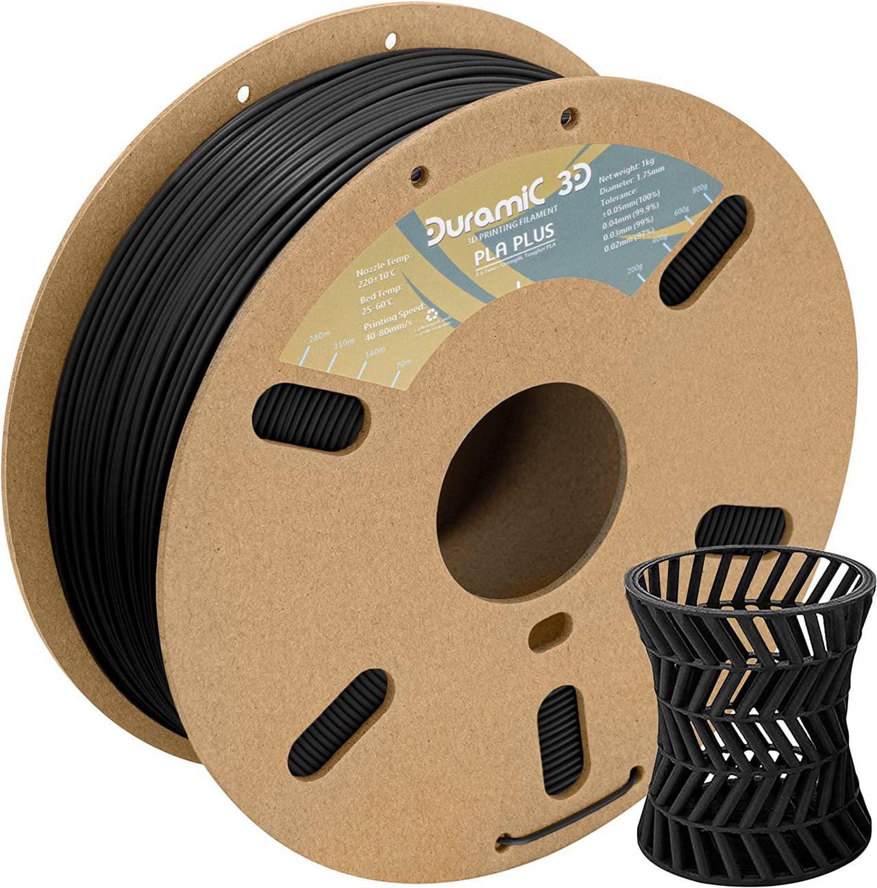 DURAMIC 3D PLA Plus (PLA+) Filament 1.75mm Black 1kg, 3D Printer Filament Tough PLA Pro 8 Times Strength, Cardboard Spool 3D Printing Filament PLA + Dimensional Accuracy 99% +/- 0.03 mm