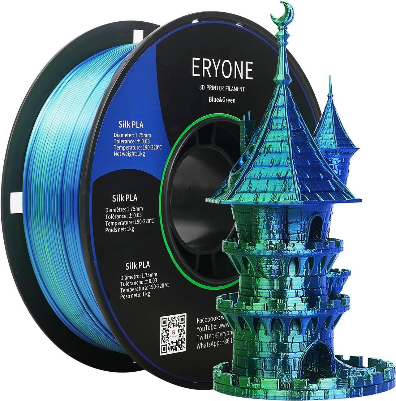 ERYONE Silk Dual Color Filament PLA 3D Printer 1.75mm, -0.03mm, Coextrusion Filament PLA Shiny Filament 1kg(2.2lbs), Blue Green