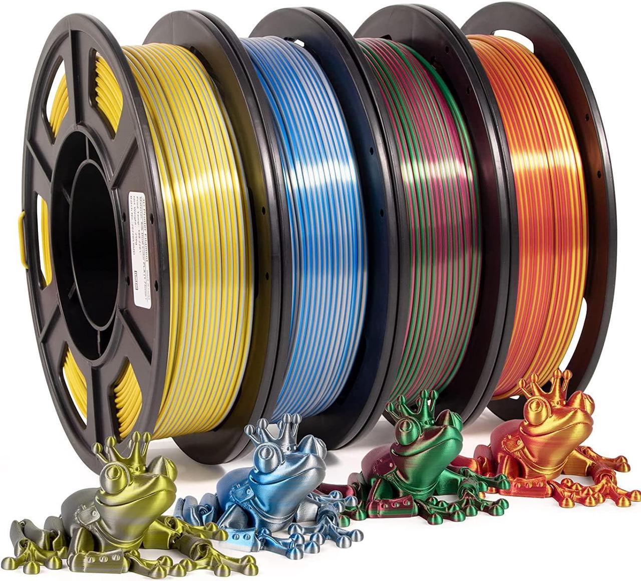 3D Printer Filament, PLA Filament 1.75mm Bundle, Dual Color Filament Silk PLA, Dimensional Accuracy +/- 0.02 mm, 250g x 4 Pack(Gold+Red,Red+Green, Blue+Silver, Brozen+Silver)