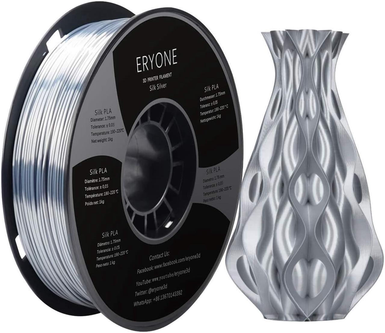 ERYONE Silk PLA Filament for 3D Printer, 1.75mm, Tolerance: ±0.03mm, 1kg (2.2LBS)/Spool, Silver