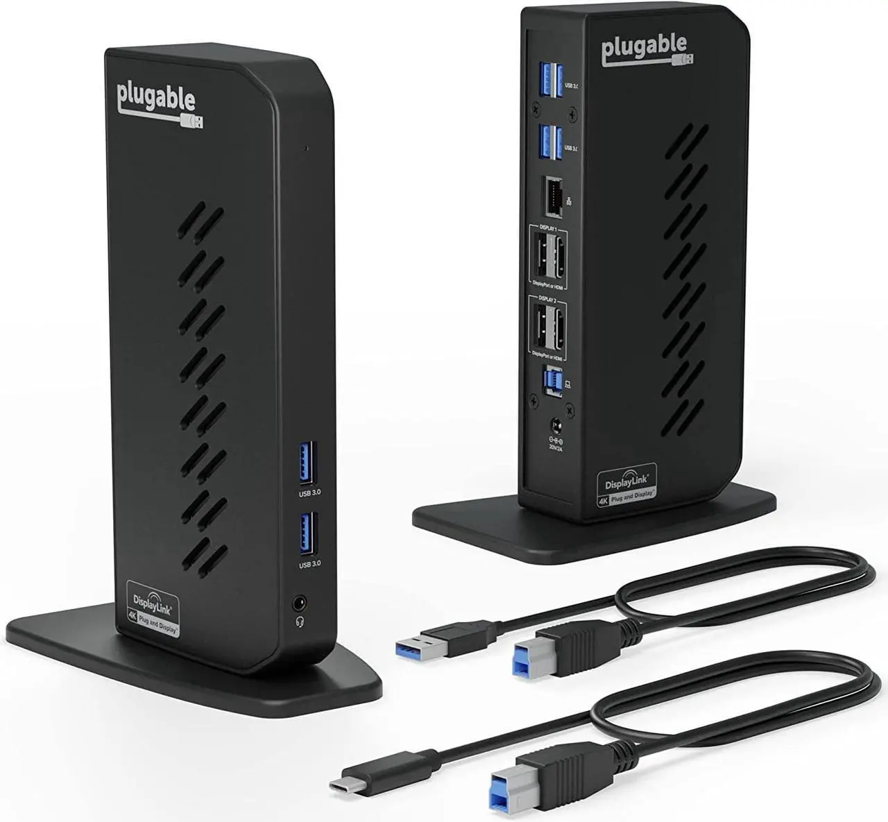 Main image of Plugable USB 3.0 and USB-C Dual 4K Display Docking Station with DisplayPort and HDMI for Windows and Mac (Dual 4K DisplayPort & HDMI, Gigabit Ethernet, Audio, 6 USB Ports) Vertical