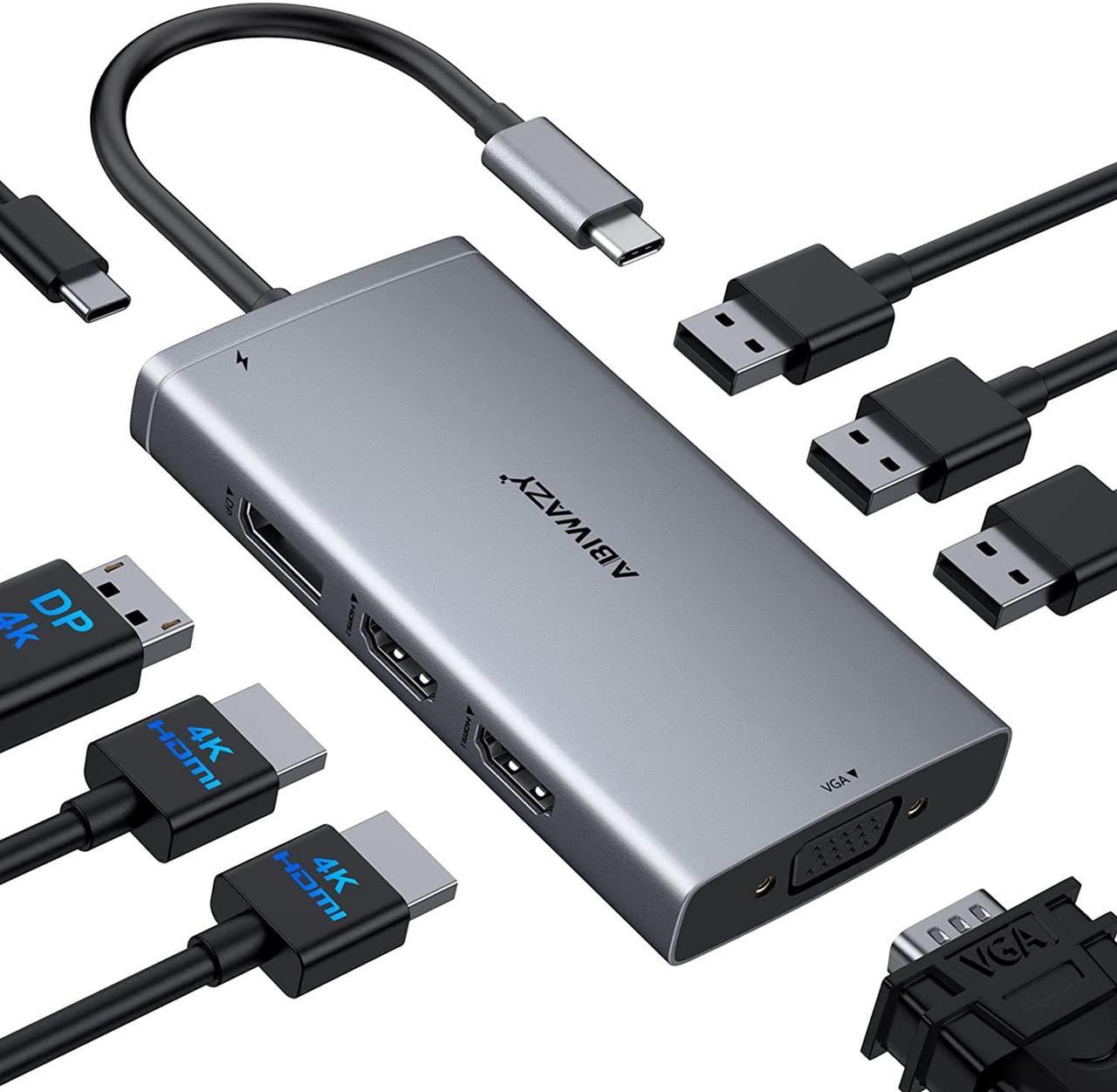 USB C Hub Triple Monitor Adapters 8 in 1 USB C Docking Station with Dual HDMI Displayport VGA, USB C 100w PD,3USB2.0 Multiport Dongle for Dell,Lenovo,HP,MacBook,iPhone 15 Pro Max/15 Pro/15 Plus/15