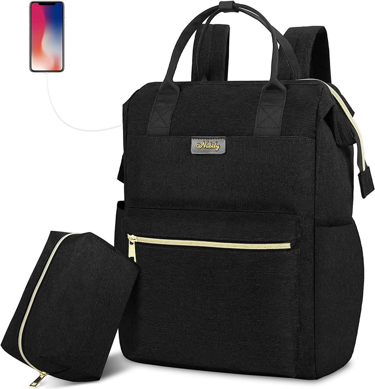 Laptop Backpack for Women 15.6 Inch Travel Backpack with Makeup Bag Waterproof Work Computer Backpacks, Black