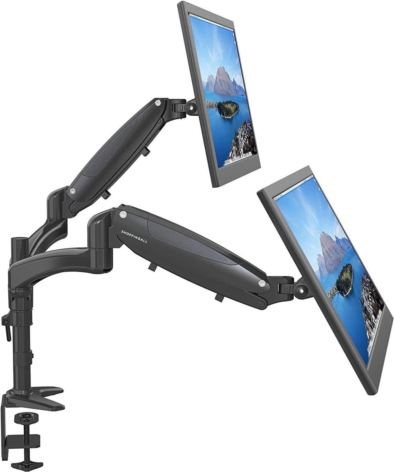 SHOPPINGALL Fully Adjustable Dual Gas Spring LCD Monitor Arm Desk Mount Stand with 2 Swing Arms for Two 15"-32" Monitors, Both Desk Clamp and Grommet Mounting Options in The Box - SA-GM124D-Black