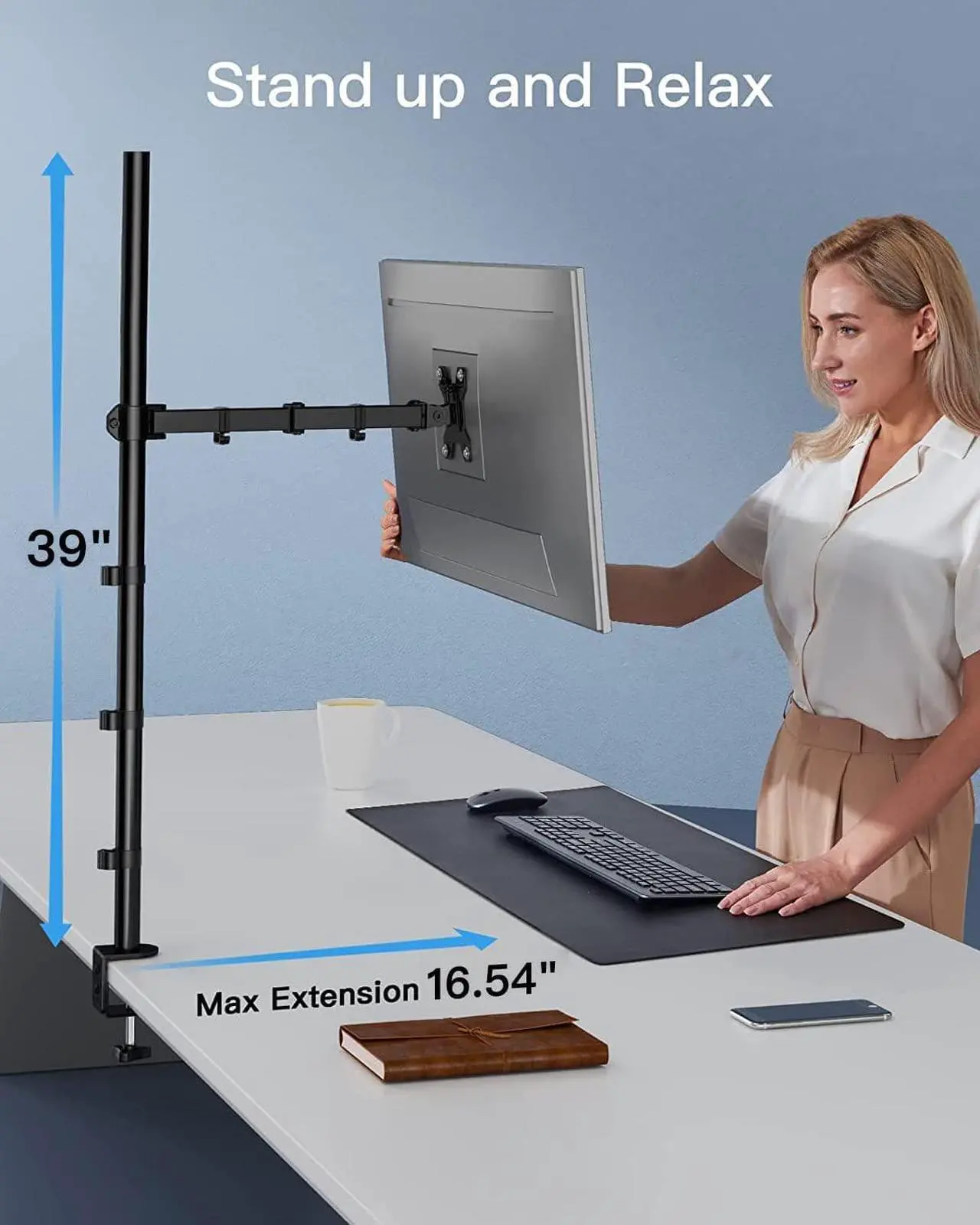 Alt view image 4 of 7 - HUANUO Single Monitor Stand Desk Mount, Extra Tall 39 Inch Fully Adjustable Stand for 13-32 Inch LCD Screen, Ultra Wide Screens up to 35 inches, Holds up to 22lbs with C Clamp/Grommet Mounting Base