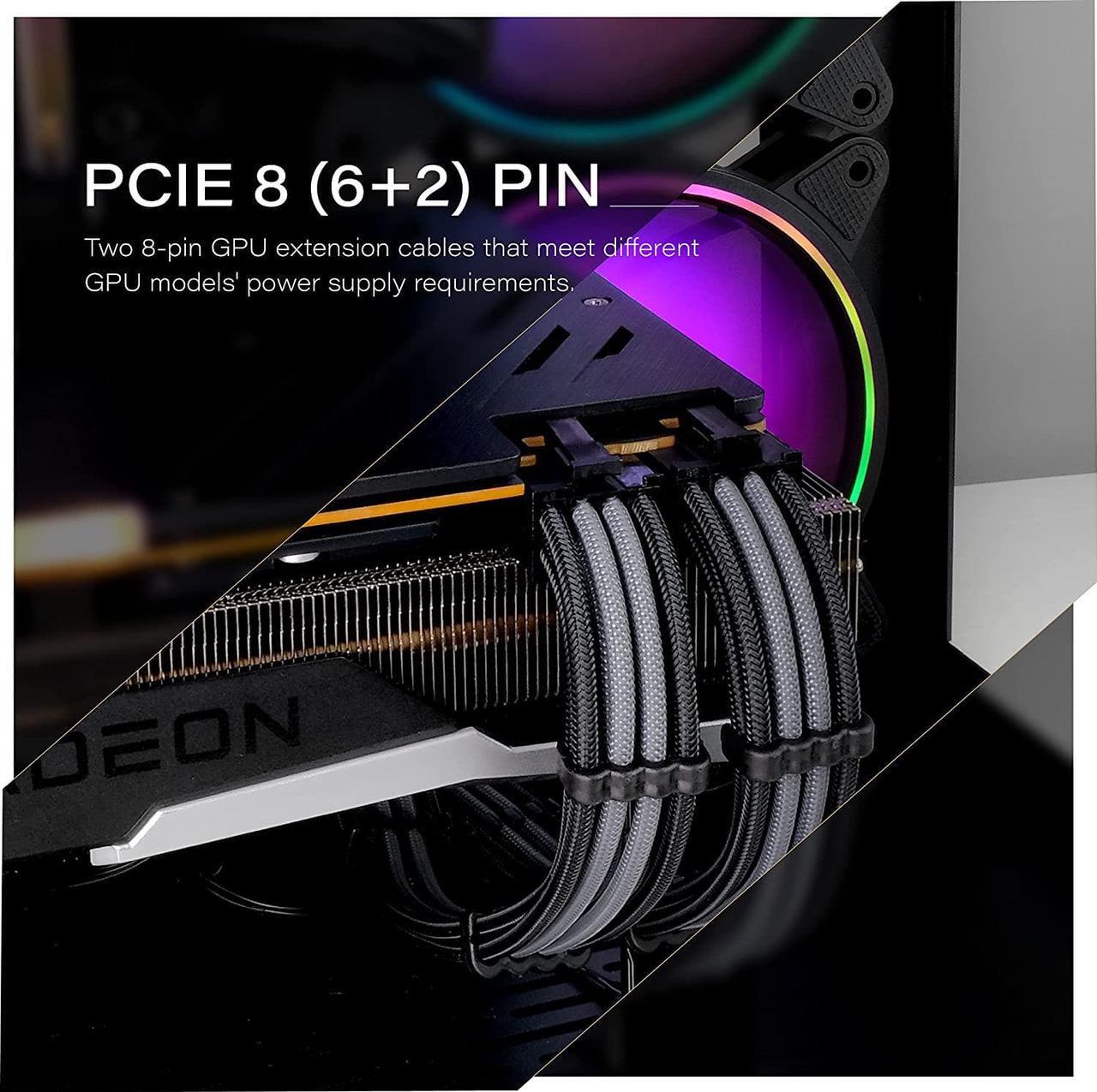Alt view image 5 of 7 - EZDIY-FAB PSU Extension Cable Sleeved Custom Mod PC Power Supply Cable, Soft Nylon Braided with Comb Kit 24PIN/8PIN to 6+2Pin/ 8PIN to 4+4PIN-30CM 300MM - Black Grey
