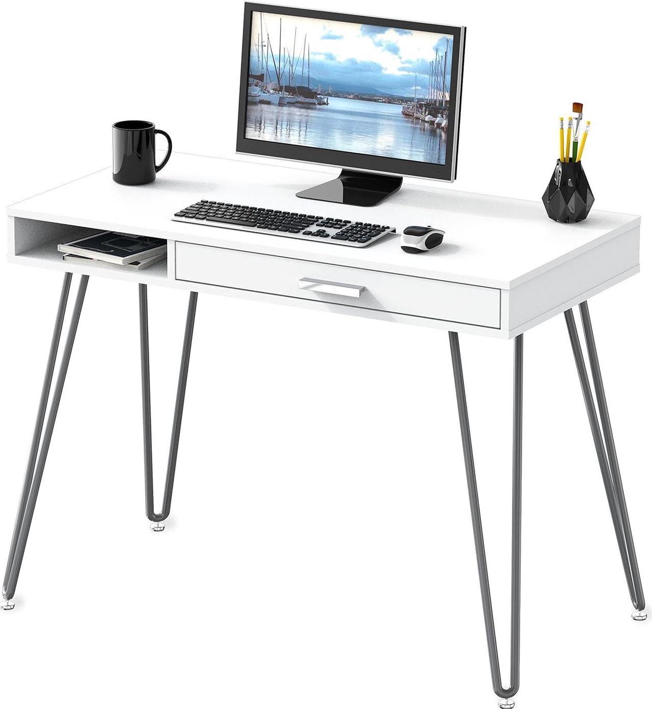 SHW Home Office Desk with Drawer, Hairpin Leg, White