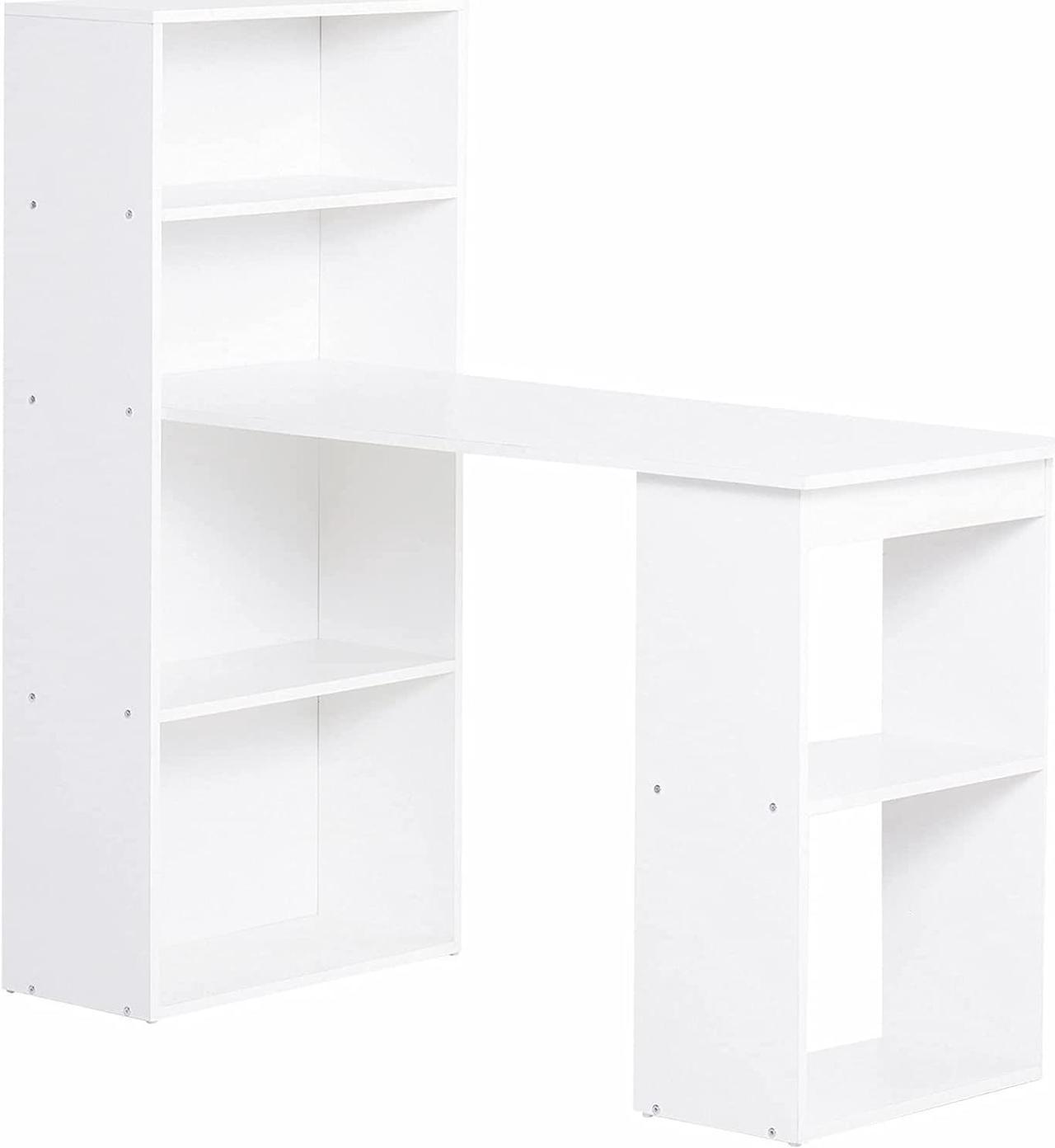 HOMCOM Modern Compact Computer Desk with 6-Tier Storage Shelves Combo, Dining Table, Writing Table Workstation with Bookshelf for Home Office, White