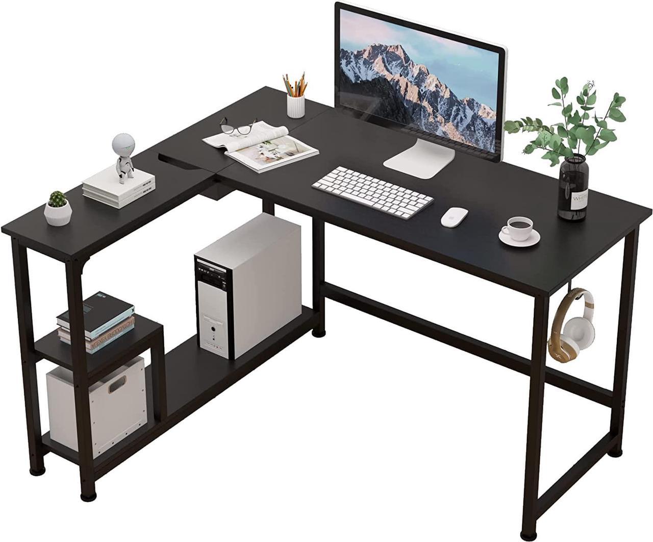 CAIYUN Small L Shaped Desk, 46.3" Corner Computer Desk with Storage Shelves, Flip Top Desk with CPU Holder, Gaming Deak for Home Office Small Space (Black)