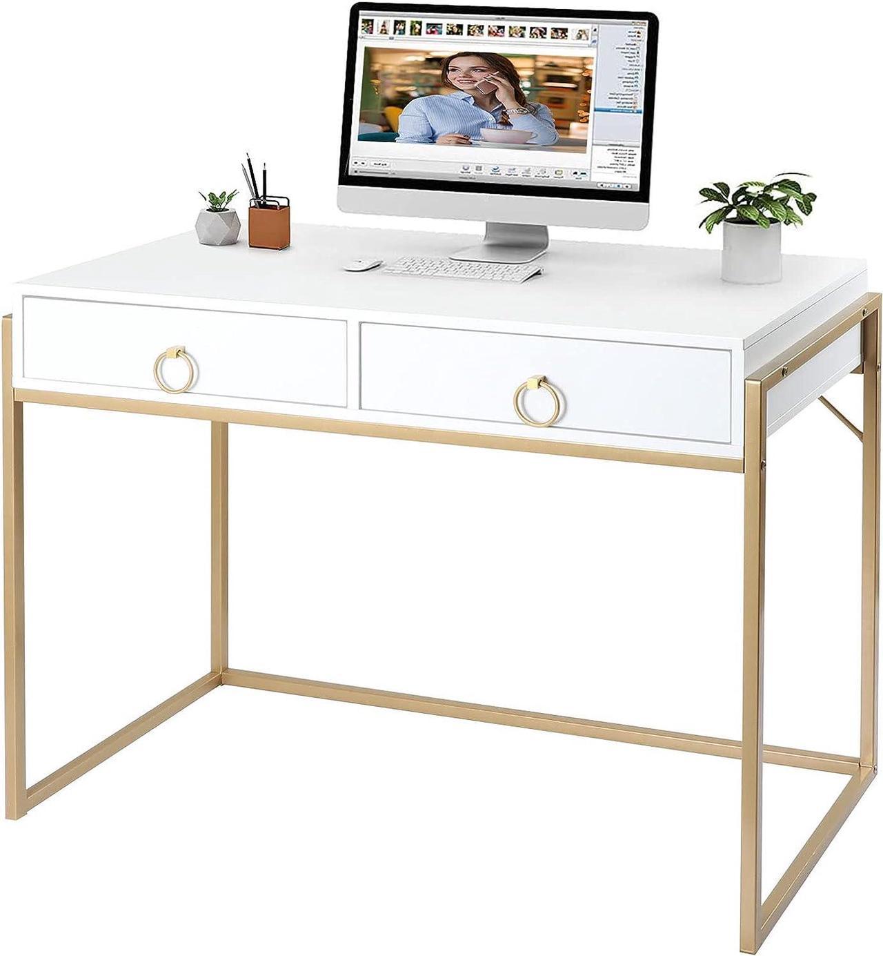 Anmytek Home Office Writing Desk 2 Drawers Storage, Contemporary Makeup Vanity Table Study Desk, W/Matte White and Gold Finish Frame D0003