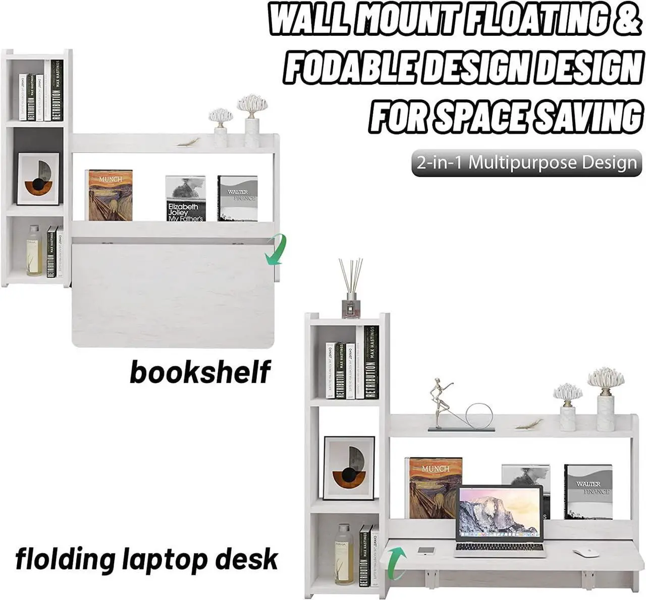 Alt view image 3 of 7 - Pmnianhua Floating Desk,41'' Wall Mounted Desk Fold Down Laptop Desk Folding Space Saving Table Workstation with Storage Shelves for Bedroom Study Room Small Space (Off White-Right)