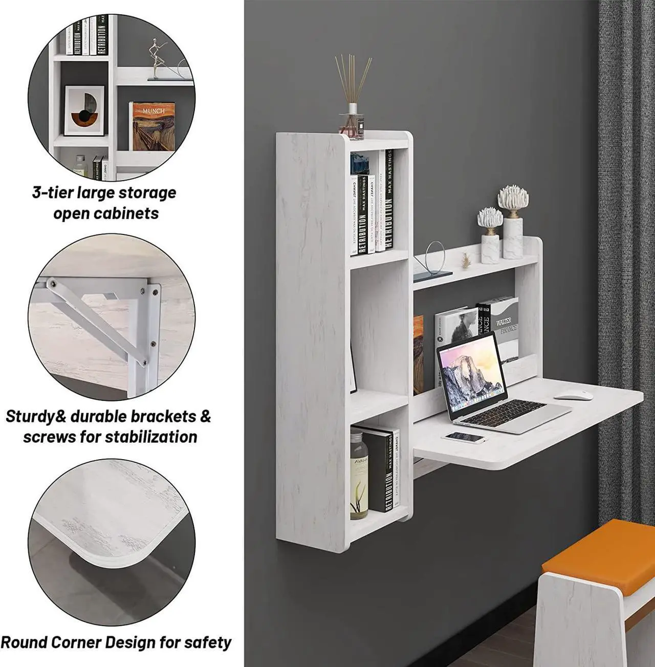 Alt view image 4 of 7 - Pmnianhua Floating Desk,41'' Wall Mounted Desk Fold Down Laptop Desk Folding Space Saving Table Workstation with Storage Shelves for Bedroom Study Room Small Space (Off White-Right)