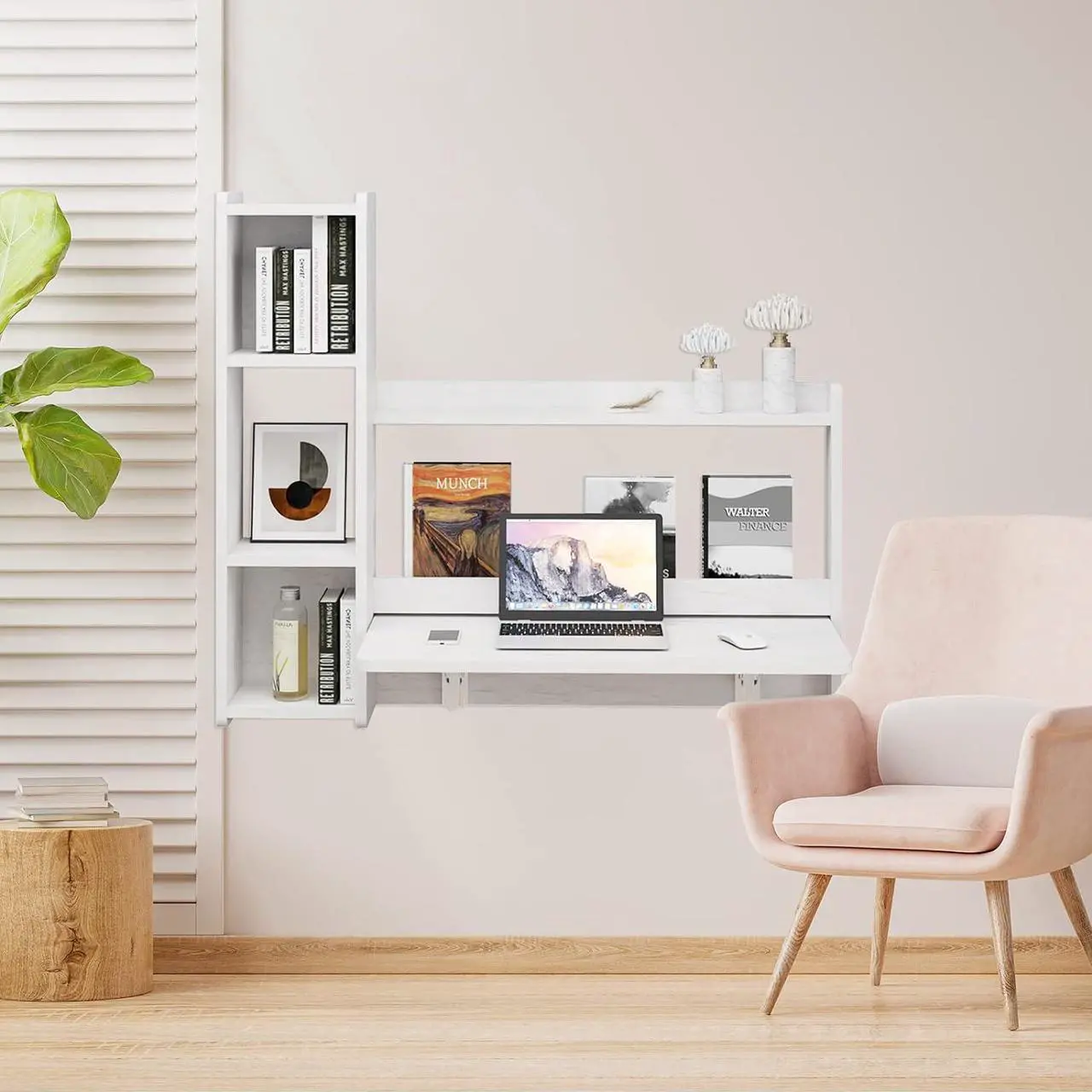 Alt view image 6 of 7 - Pmnianhua Floating Desk,41'' Wall Mounted Desk Fold Down Laptop Desk Folding Space Saving Table Workstation with Storage Shelves for Bedroom Study Room Small Space (Off White-Right)