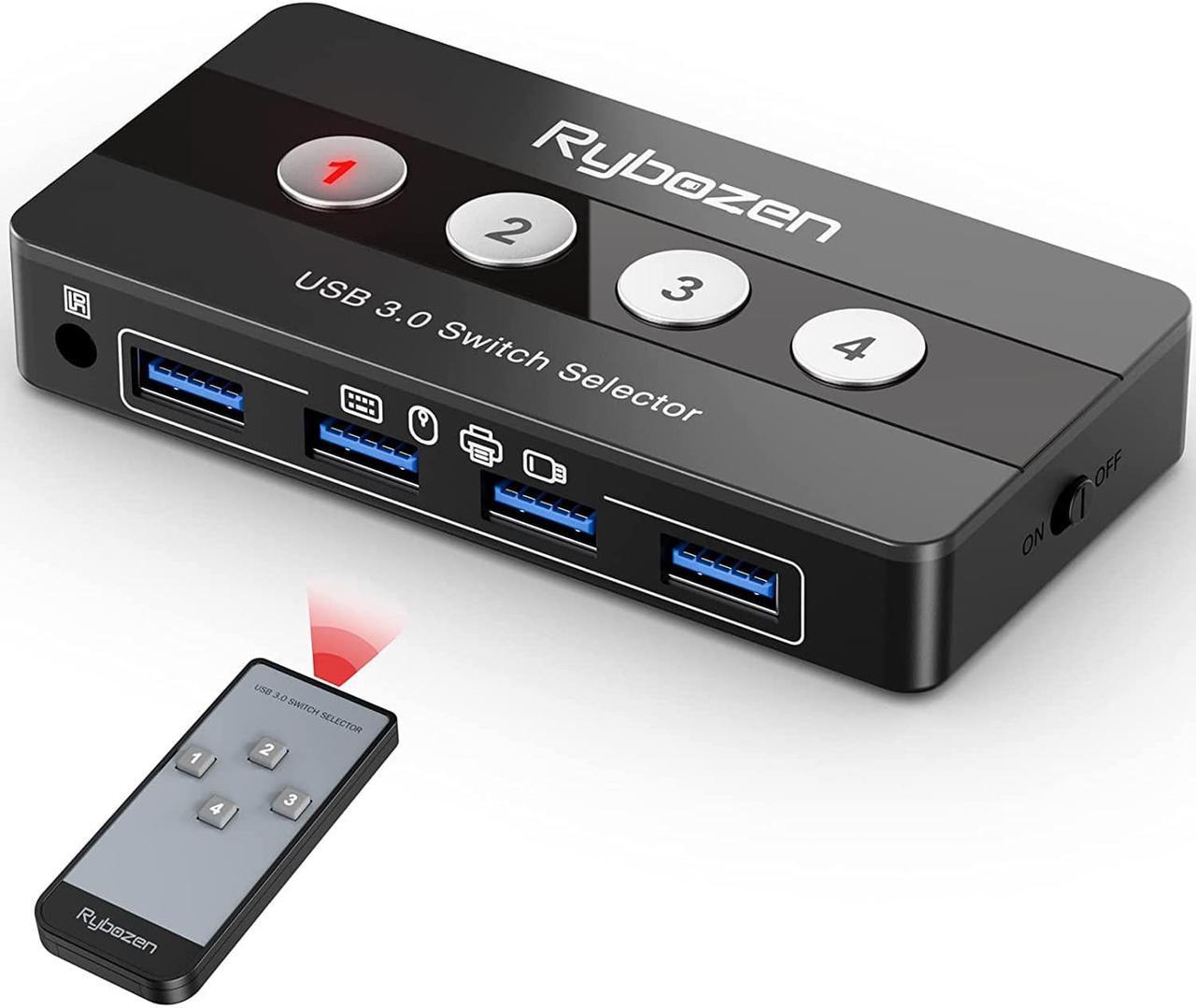 Rybozen USB 3.0 Switch Selector, 4 Port USB Peripheral Switcher Box, 4 Computers Sharing 4 USB Devices, for PC, Printer, Scanner, Mouse, Keyboard, Button Switch & Remote Control