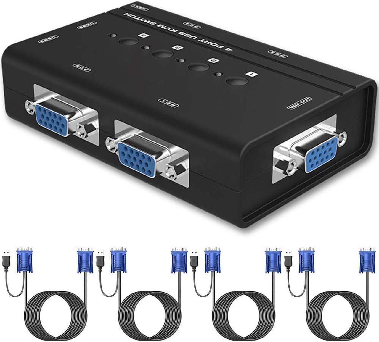 4 Port VGA KVM Switch with USB Hub Support Wireless, TAIPOXUN USB VGA KVM Switch with 4 Cables for 4 PC Computer Sharing 1 Video Monitor and 3 USB Devices, Keyboard,Mouse, Scanner, Printer