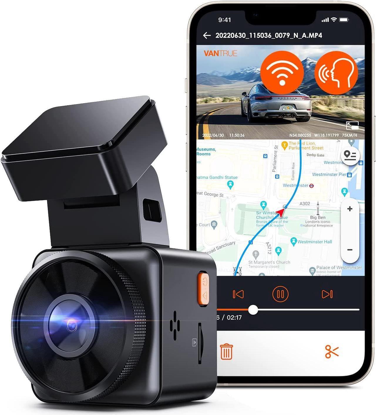 WiFi Mini Dash Cam with GPS and Speed, VANTRUE E1 Lite 1080P Front Car Dash Camera with Voice Control, Free APP, 24H Parking Mode, Night Vision, Motion Detection, Loop Recording, Support 512GB Max