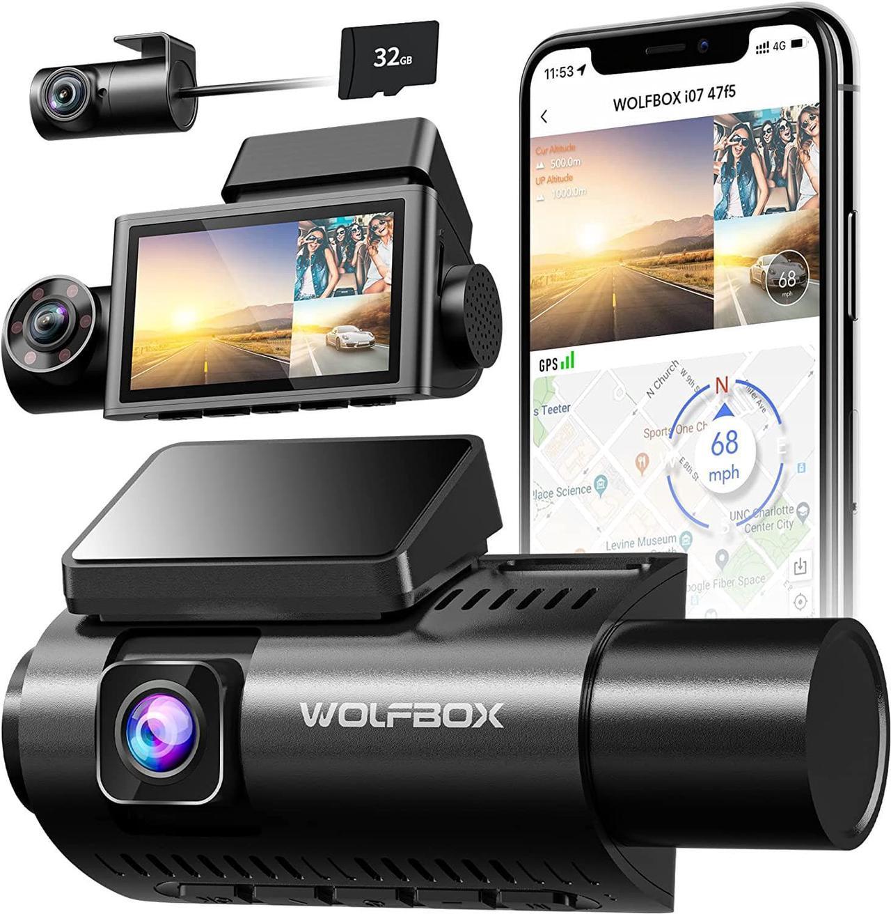 WOLFBOX i07 Dash Cam, 3 Channel Dash Cam Built in WiFi GPS, 4K+1080P Dash Camera Front and Inside, 2K 1440P+1080P+1080P, 3" LCD Super IR Night Vision, 24 Hours Parking Monitor, Support 128GB Max