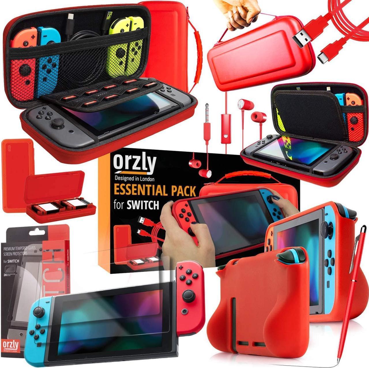 Orzly Switch Accessories Bundle  Carry Case for Nintendo Switch Console (NOT OLED MODEL) Tempered Glass Screen Protectors, USB Charging Cable, Switch Games Case, Comfort Grip Case & Headphones - RED