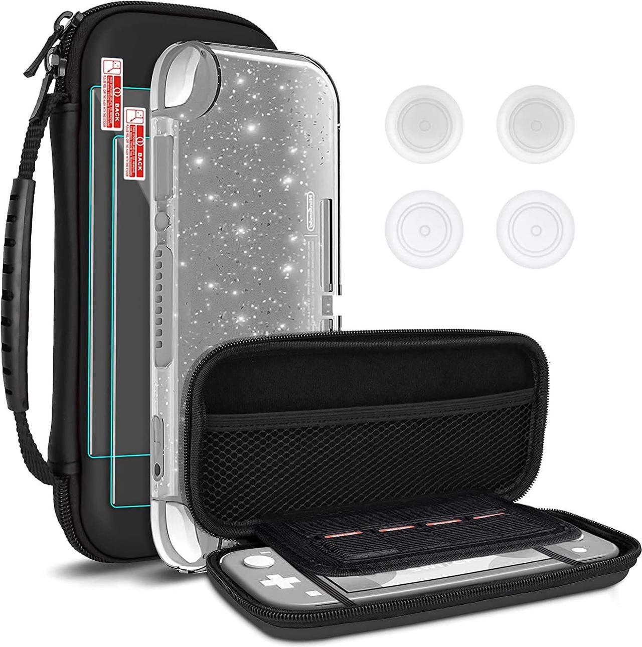 DLseego Carrying Case for Nintendo Switch lite, Newest Design Portable Travel Carrying Case 4 in 1 Accessories Kit with 1 Pcs Glitter case, 2 Pcs Screen Protectors and 4 PcsThumb Grips Caps - Black