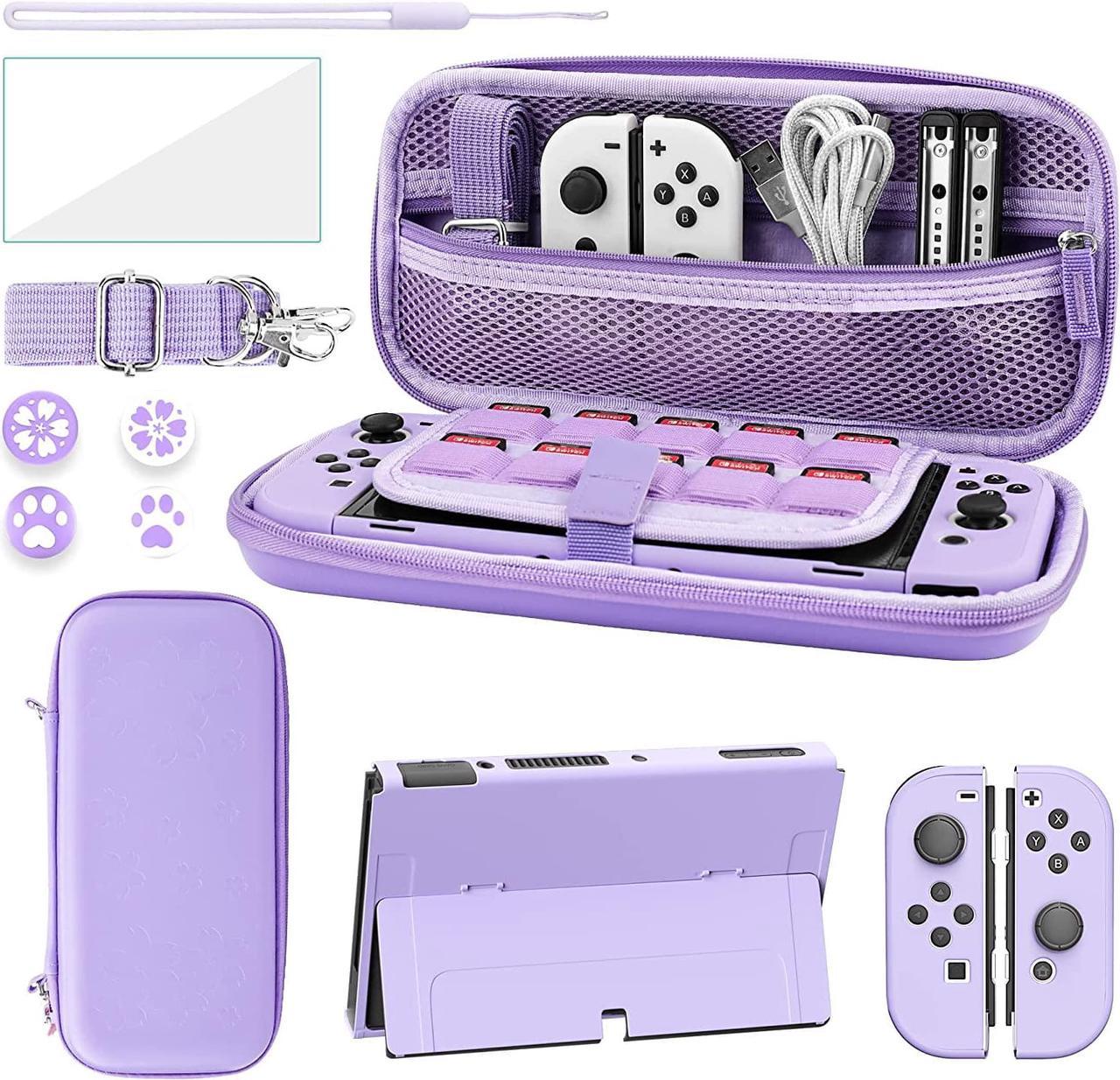 FANPL Case bundle for Nintendo Switch OLED Accessories, Carrying Case for Switch OLED and Joy Con Controller with Hard Flip Protective Case and Screen protector, 4 Thumb Grips, Shoulder Strap (Purple)